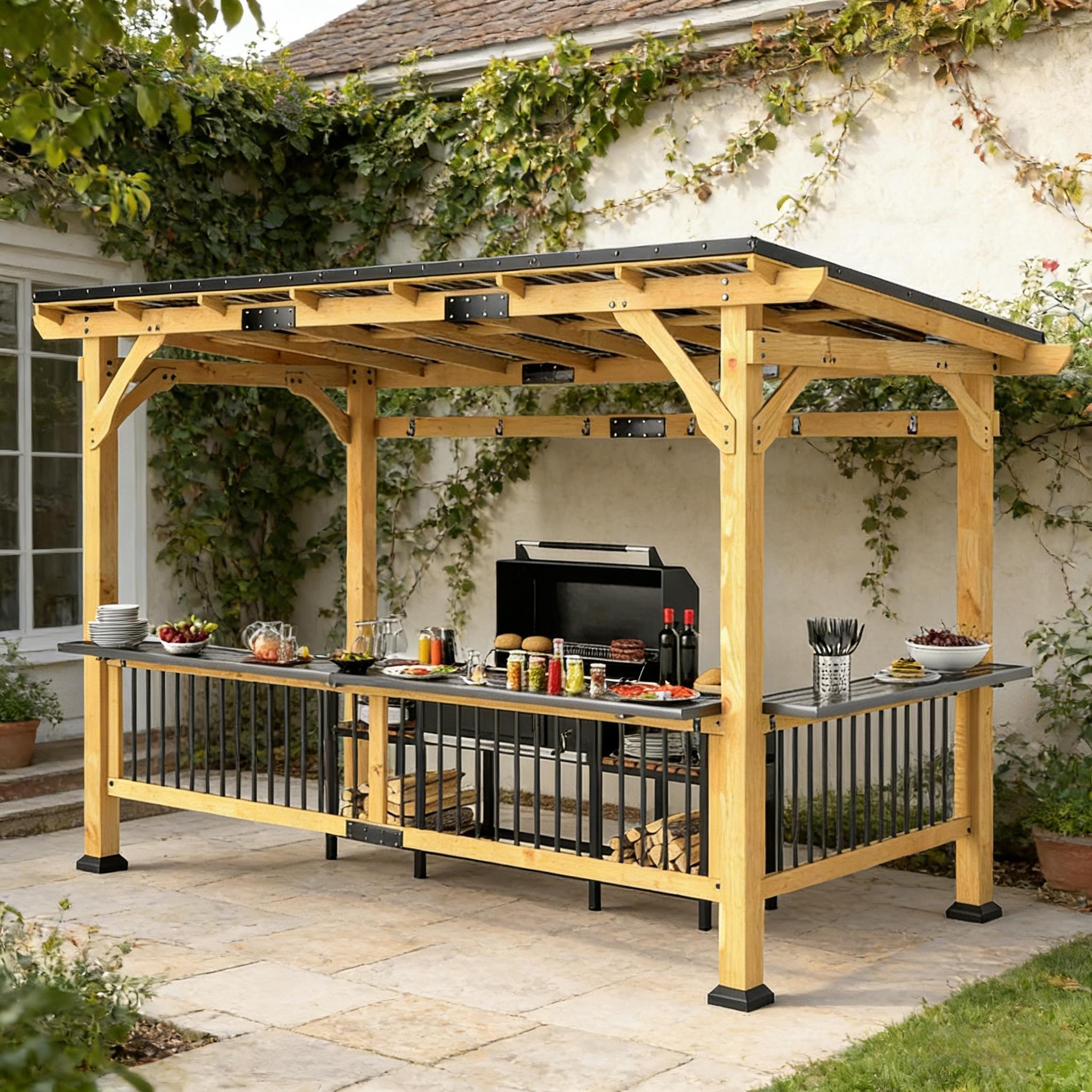 6x13 ft Wooden Grill Gazebo with Metal Roof, Side Shelves & Tool Hooks – Outdoor BBQ Shelter