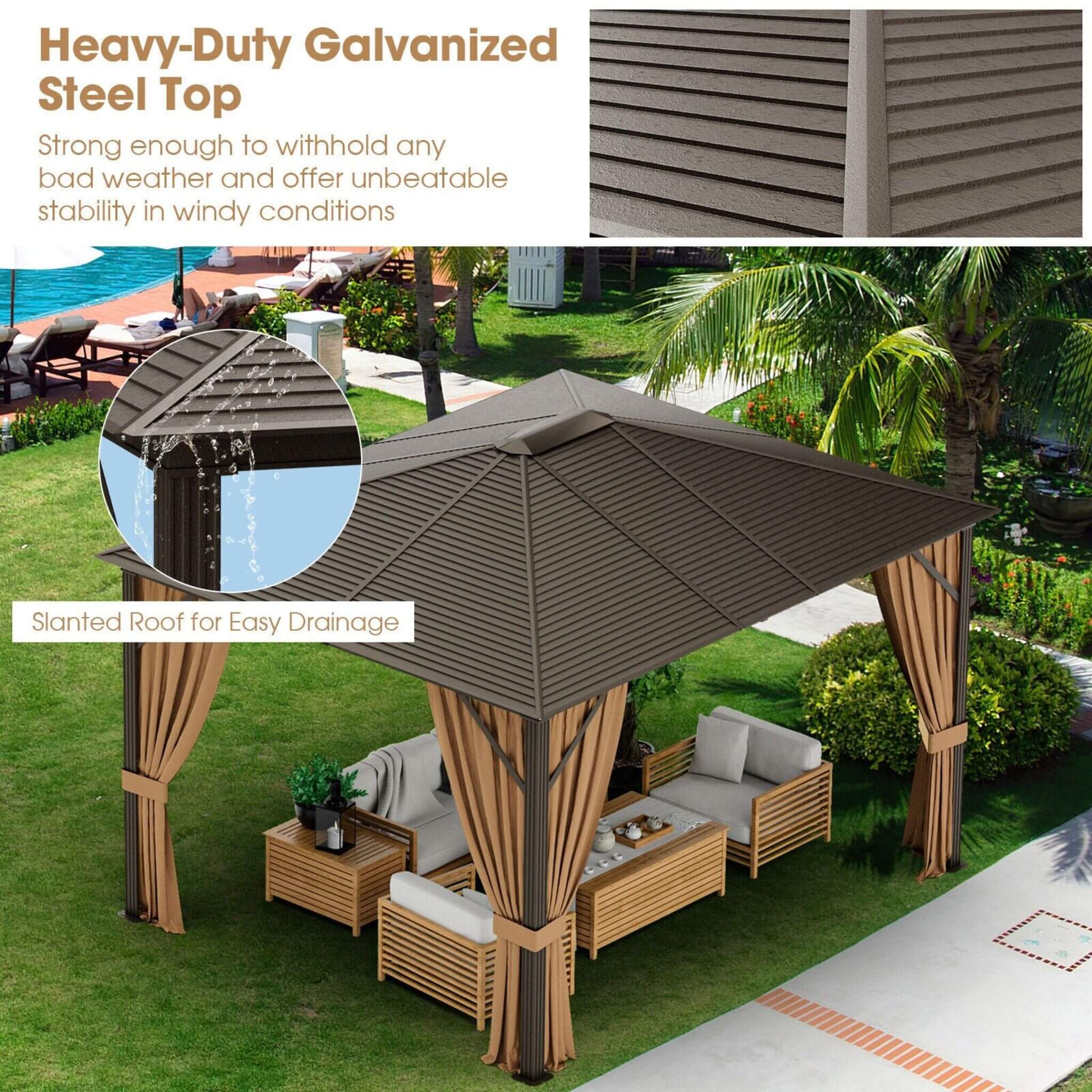 10x12 ft Aluminum Hardtop Gazebo with Galvanized Steel Roof – Outdoor Patio Shelter