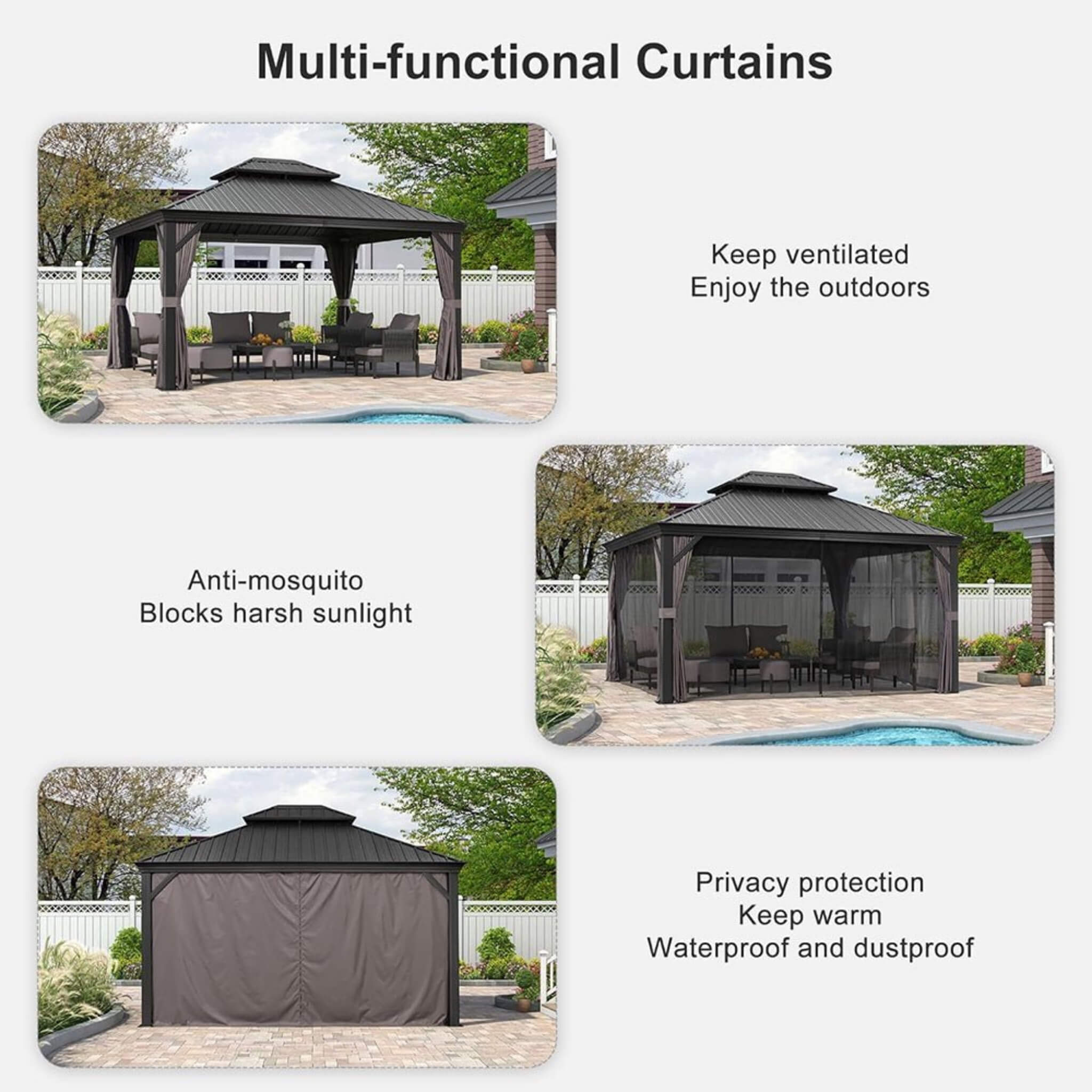 10x13 ft Aluminum Hardtop Gazebo with Double Roof, Curtains & Netting