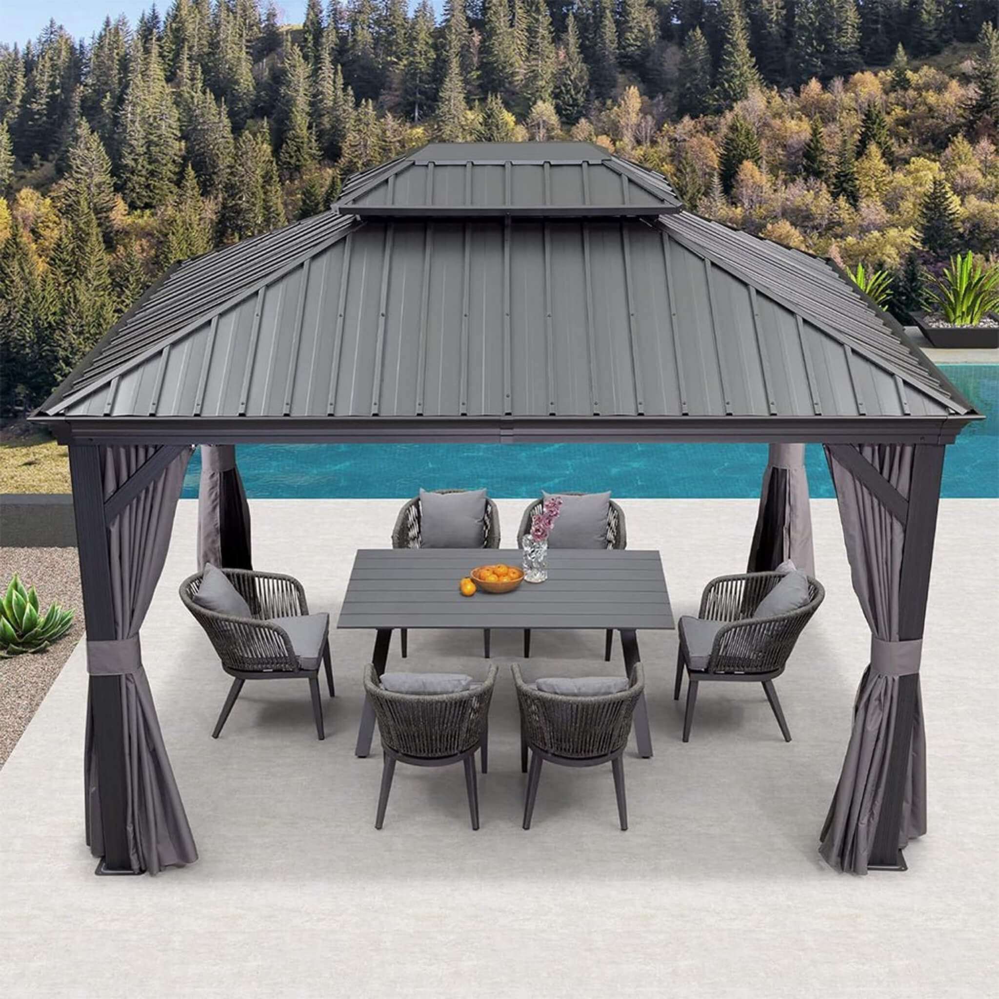 10x13 ft Aluminum Hardtop Gazebo with Double Roof, Curtains & Netting
