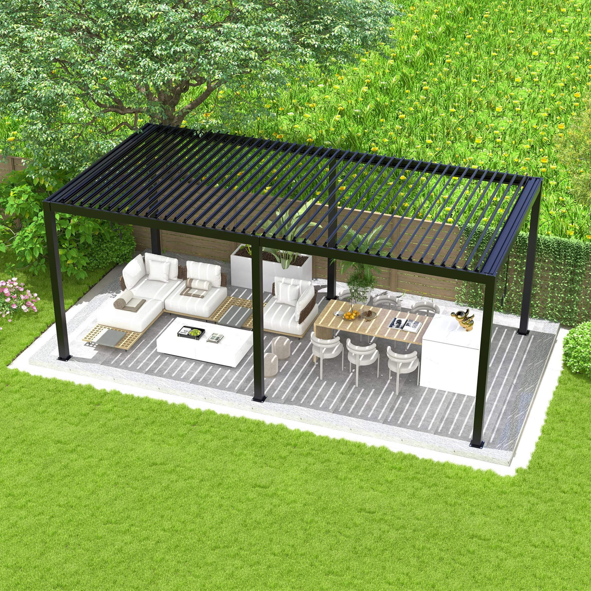 Saksby Alora Modern Louvered Aluminum Pergola 10x19 ft – Adjustable Roof Outdoor Pergola