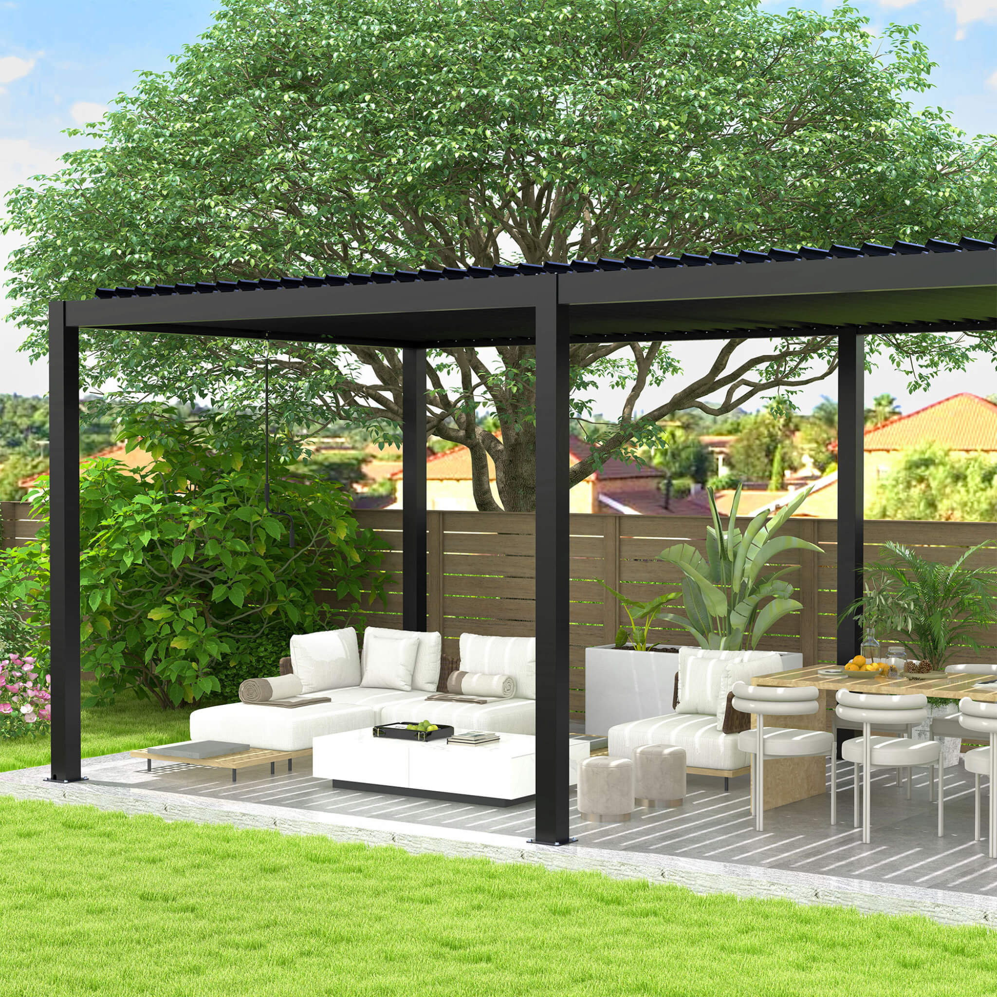 Saksby Alora Modern Louvered Aluminum Pergola 10x19 ft – Adjustable Roof Outdoor Pergola