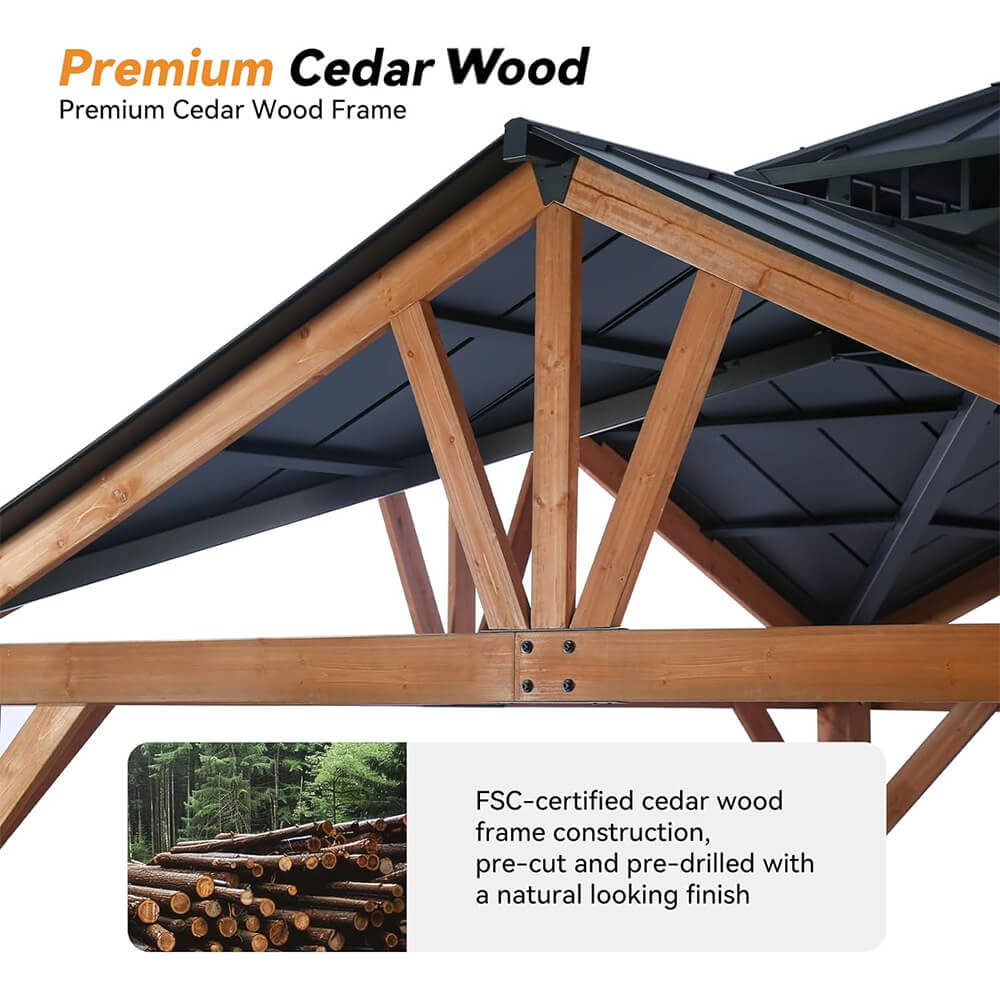 Alora 12x12 ft Cedar Wood Hardtop Gazebo with Galvanized Steel Roof