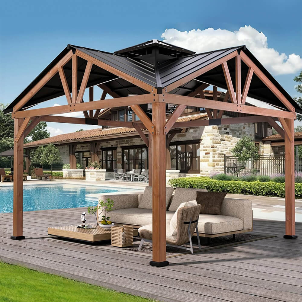 Alora 12x12 ft Cedar Wood Hardtop Gazebo with Galvanized Steel Roof