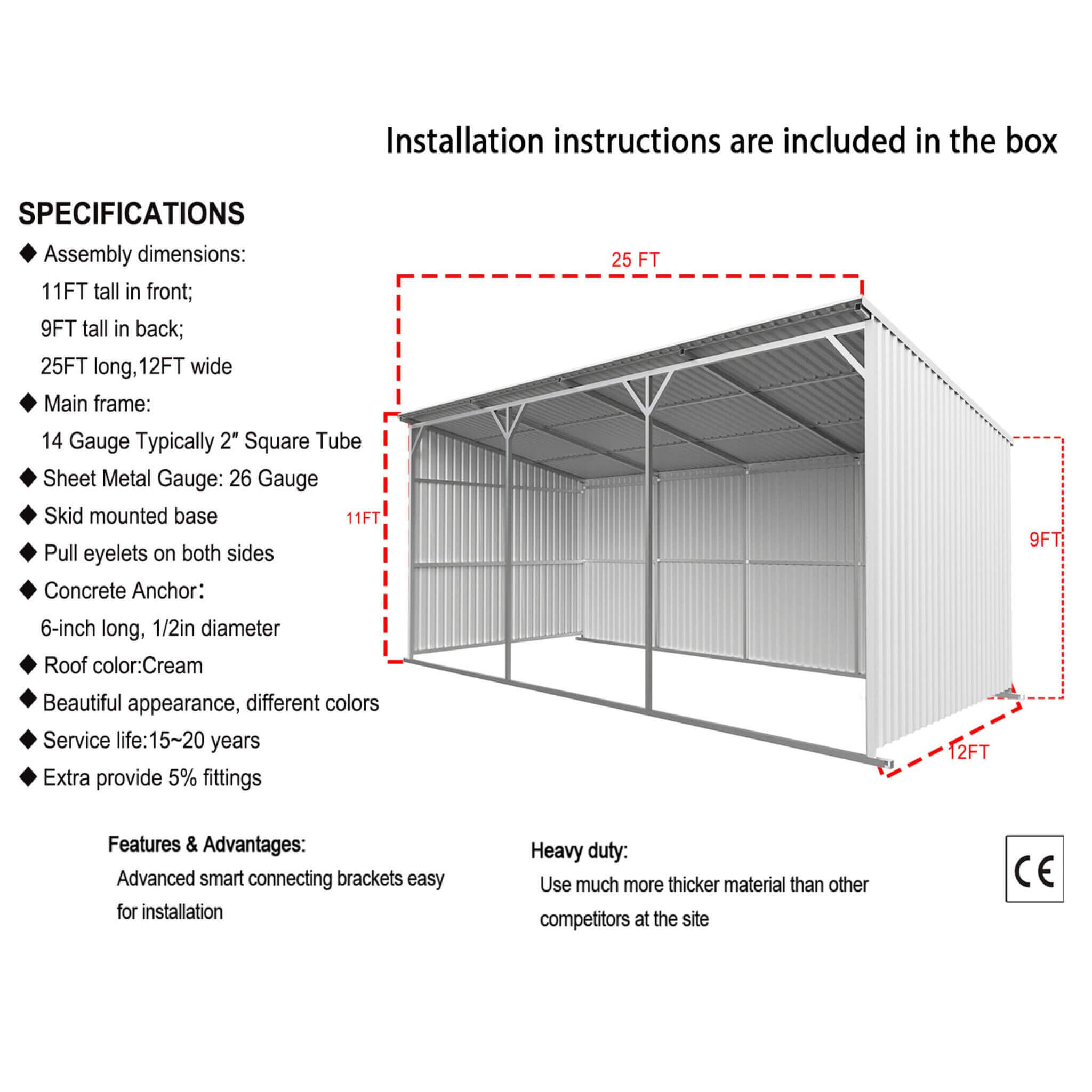 Alora 12 ft. x 25 ft. Heavy-Duty Galvanized Steel Outdoor Storage Shed & Equipment Shelter