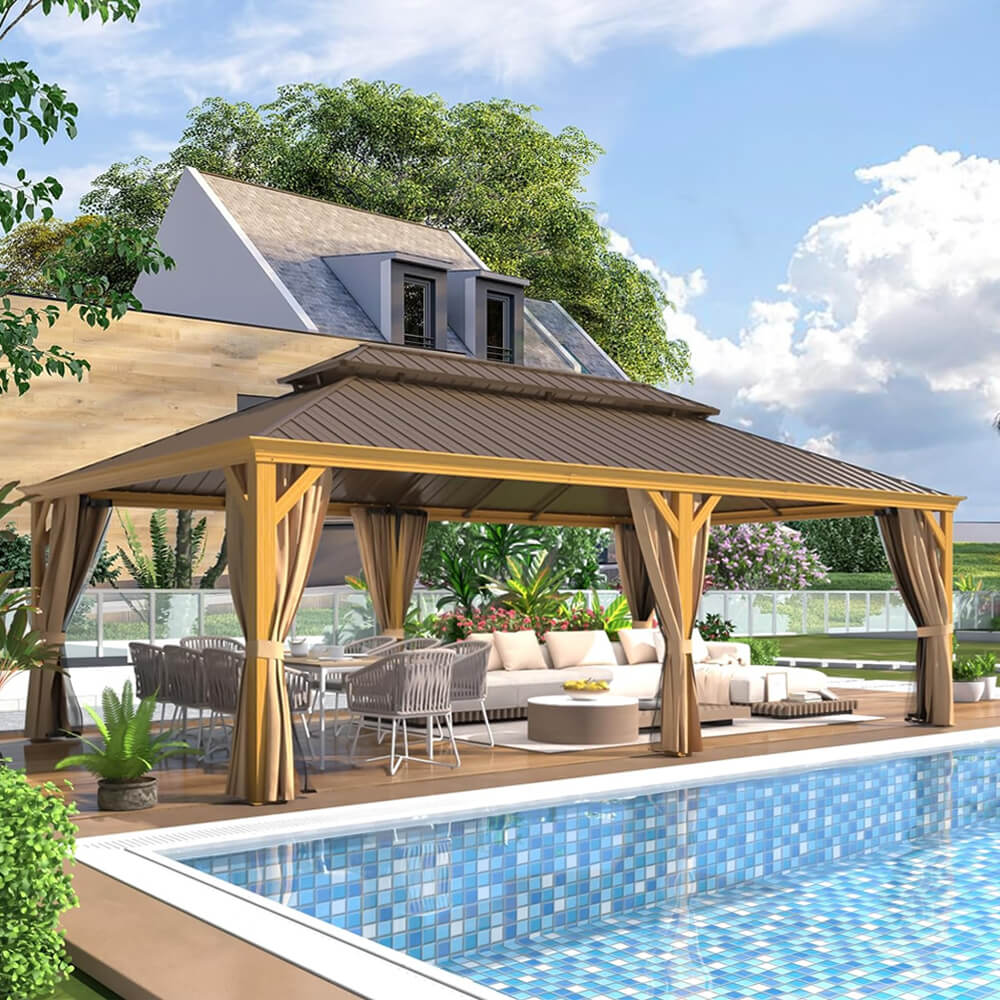 14x24 ft Heavy-Duty Aluminum Hardtop Gazebo with Double Roof, Curtains & Netting – Large Outdoor Pavilion