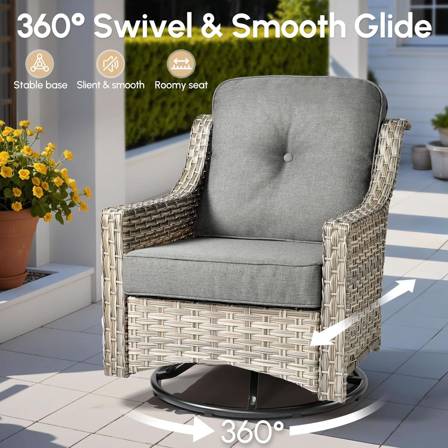 7-Piece Outdoor Wicker Patio Conversation Set with Fire Pit Table & Swivel Chairs