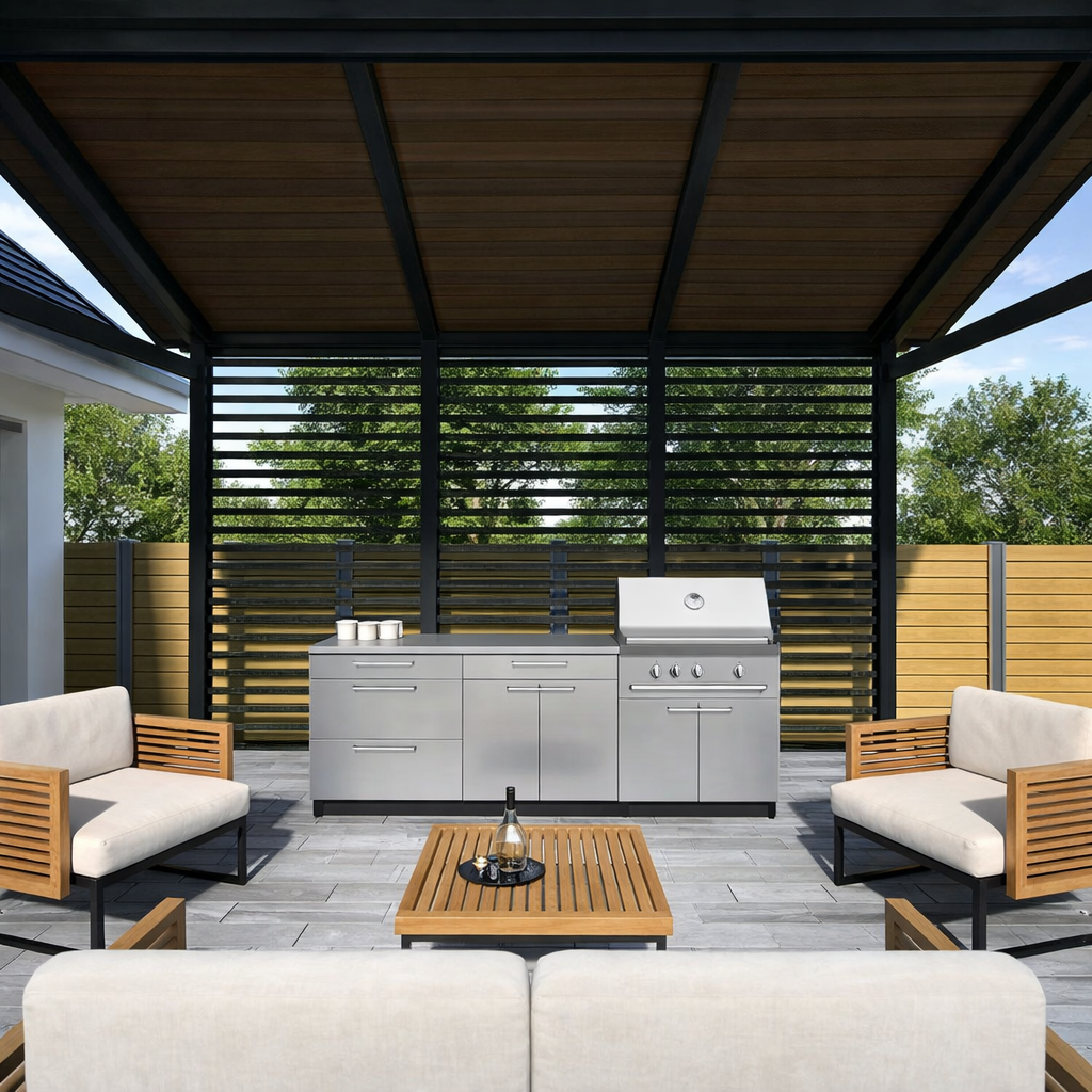 NewAge Products 97 inch Stainless Steel Outdoor Kitchen Cabinet Set – 3-Piece with Sink (304 Stainless Steel)