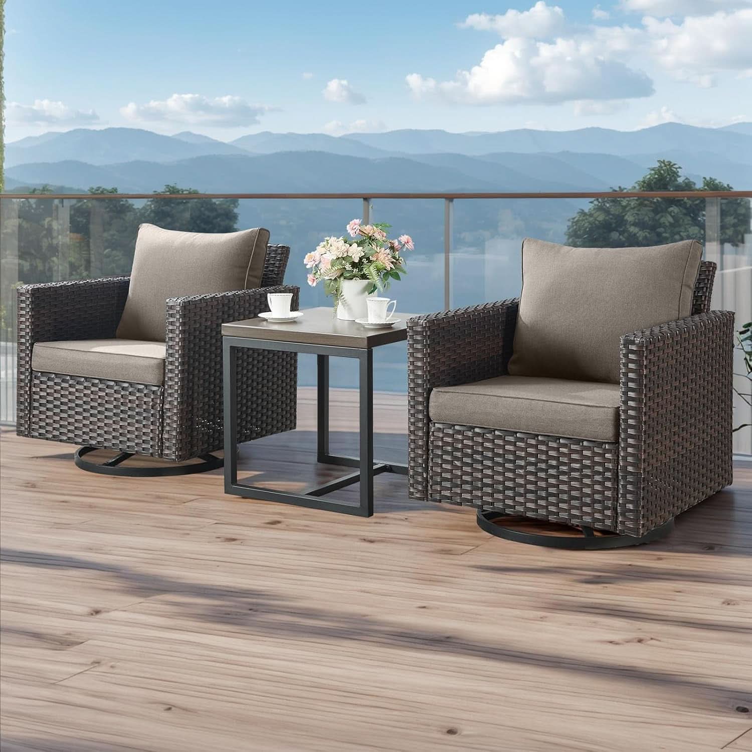 7-Piece Outdoor Wicker Patio Furniture Set with Swivel Rocking Chairs