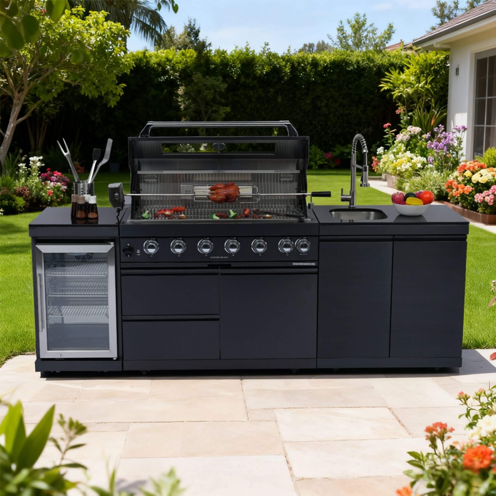 Castelle Flame 43 inch 6-Burner Outdoor Kitchen Island Grill with Sink & Wine Cooler – 85,000 BTU Stainless Steel
