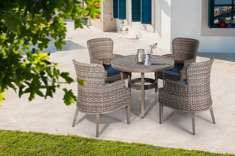 Tenaya 5-Piece Wicker Patio Dining Set with Round Table, Cushions & Aluminum Frame