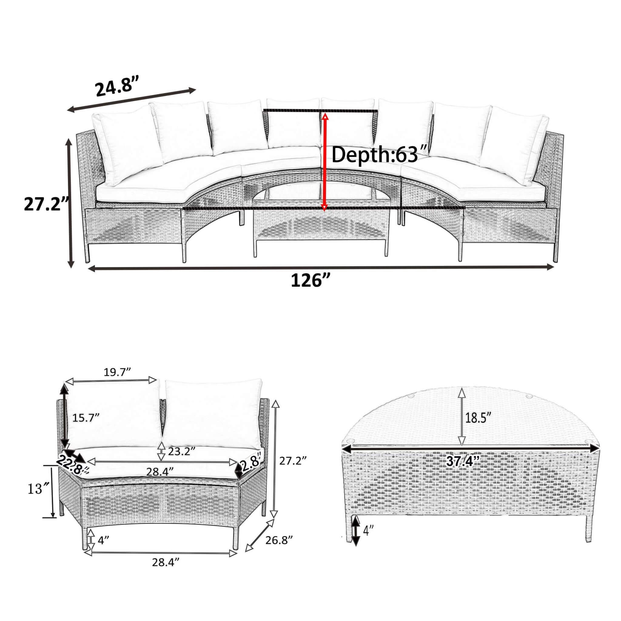 Alora 5-Piece Half-Moon Rattan Wicker Outdoor Sectional Sofa Set with Glass Table