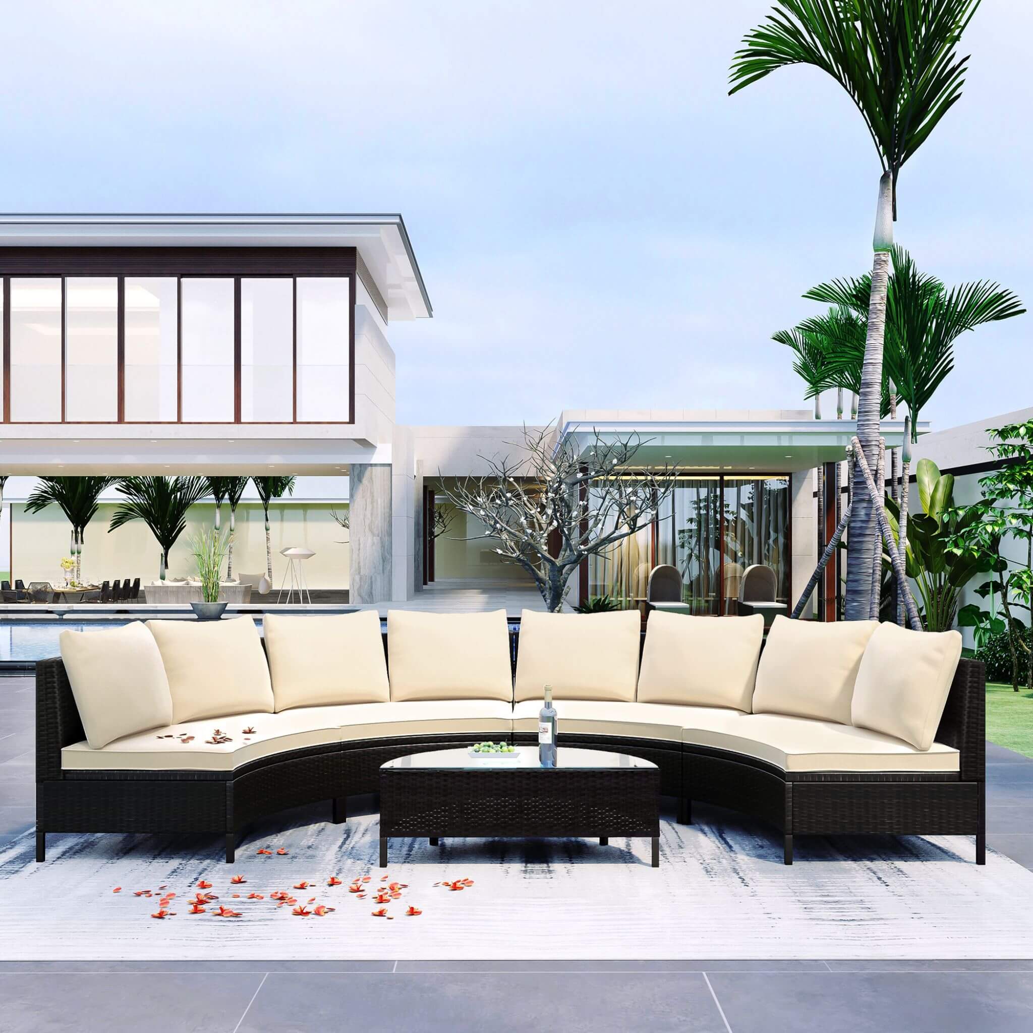 Alora 5-Piece Half-Moon Rattan Wicker Outdoor Sectional Sofa Set with Glass Table