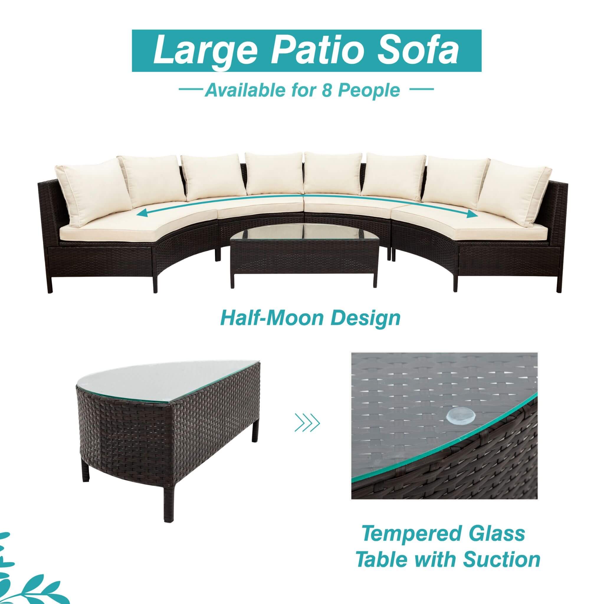 Alora 5-Piece Half-Moon Rattan Wicker Outdoor Sectional Sofa Set with Glass Table