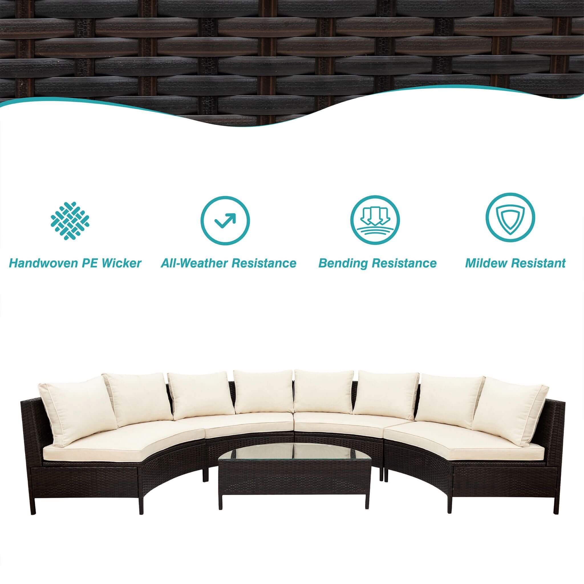 Alora 5-Piece Half-Moon Rattan Wicker Outdoor Sectional Sofa Set with Glass Table