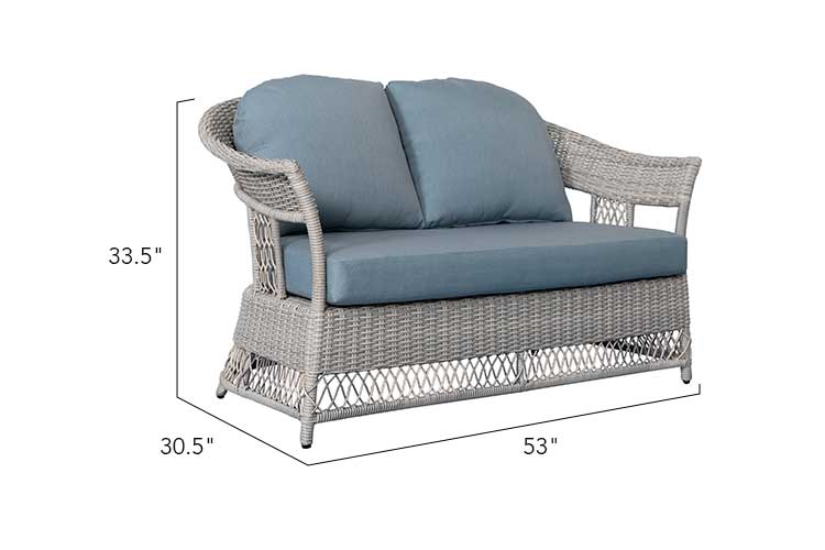 Shell 4-Piece Wicker Patio Sofa Set with Loveseat, Chairs & Wood-Look Table – Blue Cushions