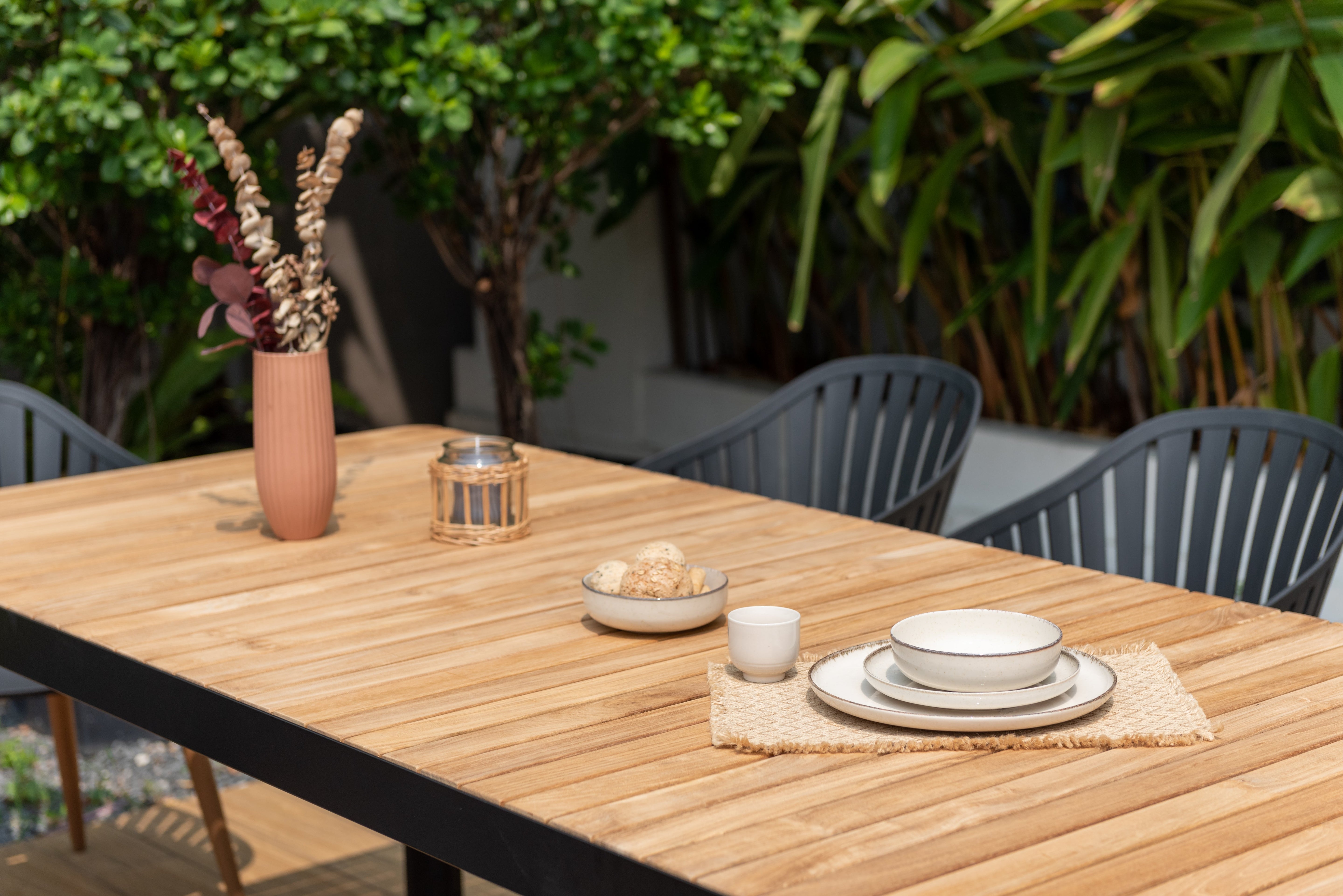Portals Dark Rectangular Teak Table and 8 Nassau Black Dining Set