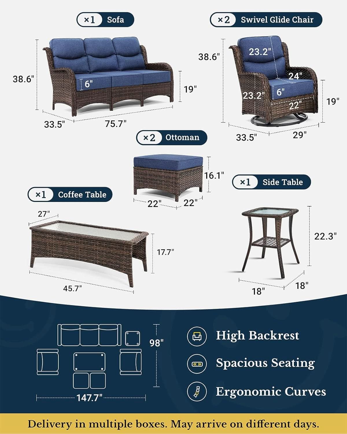 7-Piece Luxury Outdoor Wicker Patio Sofa Set with Swivel Rocking Chairs & Ottomans
