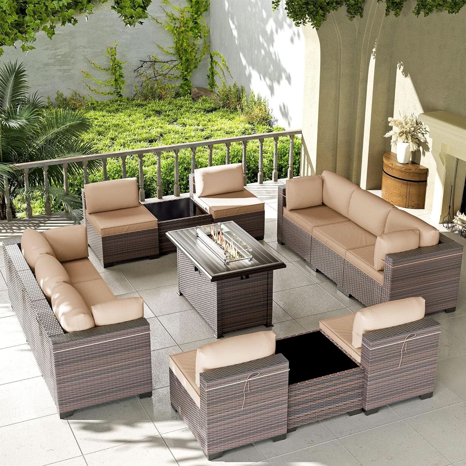 Luxury 13-Piece Modular Outdoor Wicker Patio Furniture Set with Fire Pit Table & Glass Side Tables