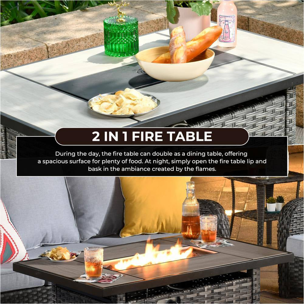 Joyoung Gray 7-Piece Wicker Patio Rectangle Fire Pit Conversation Set with Denim Blue Cushions and Swivel Chairs