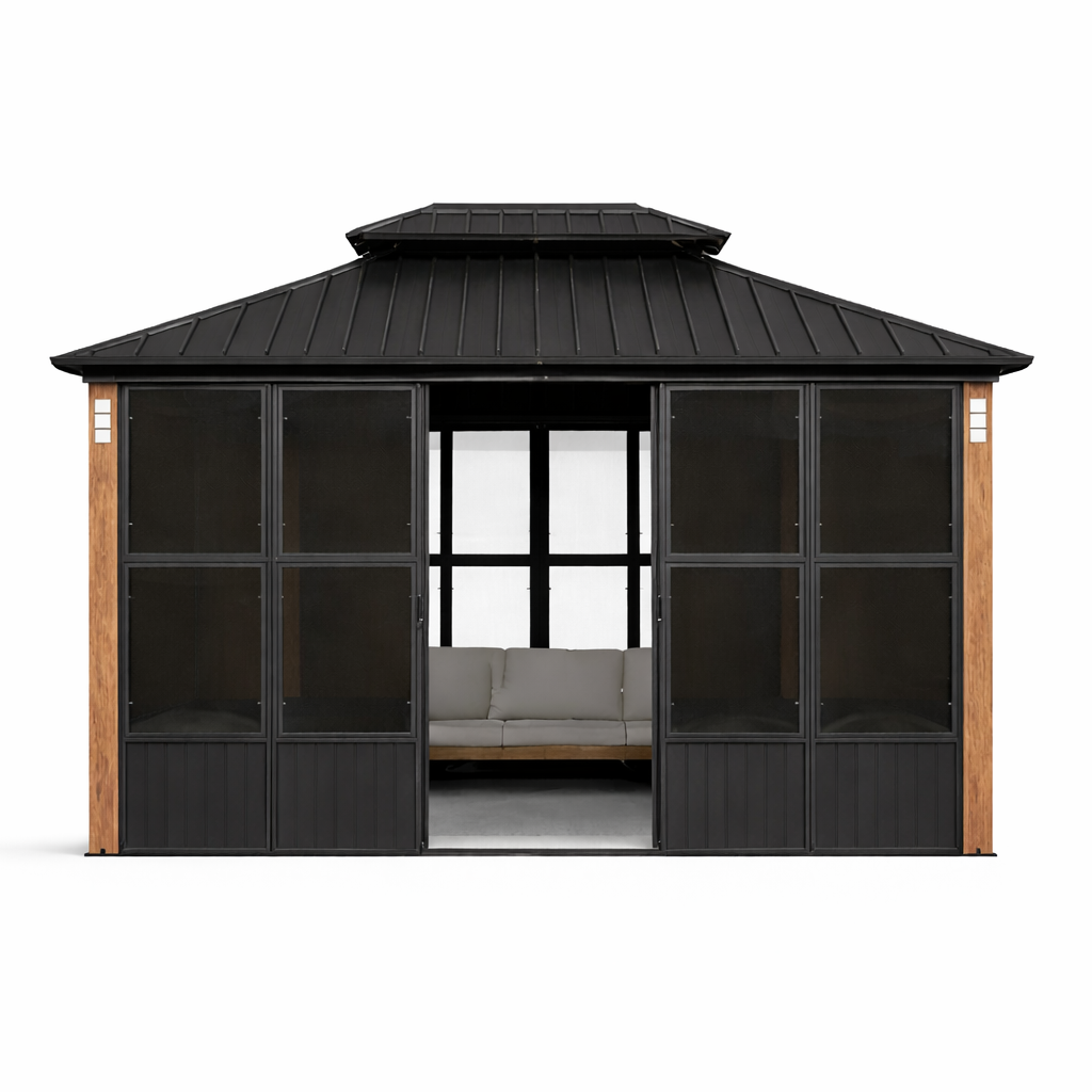 Alora Oasis Hardtop Aluminum Sunroom with Sliding Doors and LED Lights