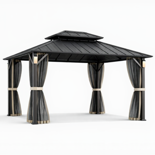 Alora Hardtop Aluminum Gazebo with Double Roof, LED Lights, and Mosquito Netting