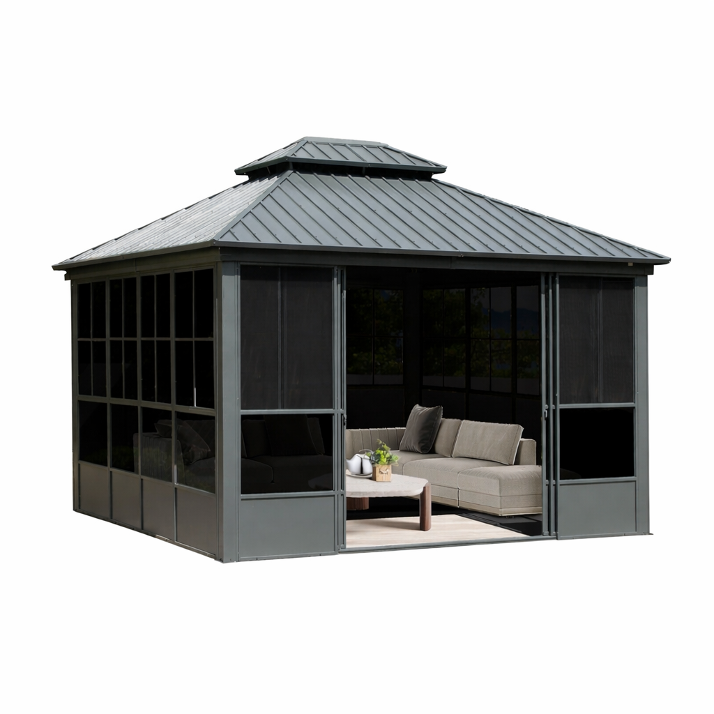 12x14 ft Enclosed Hardtop Gazebo with Sliding Doors & Double Roof – All-Season Outdoor Pavilion