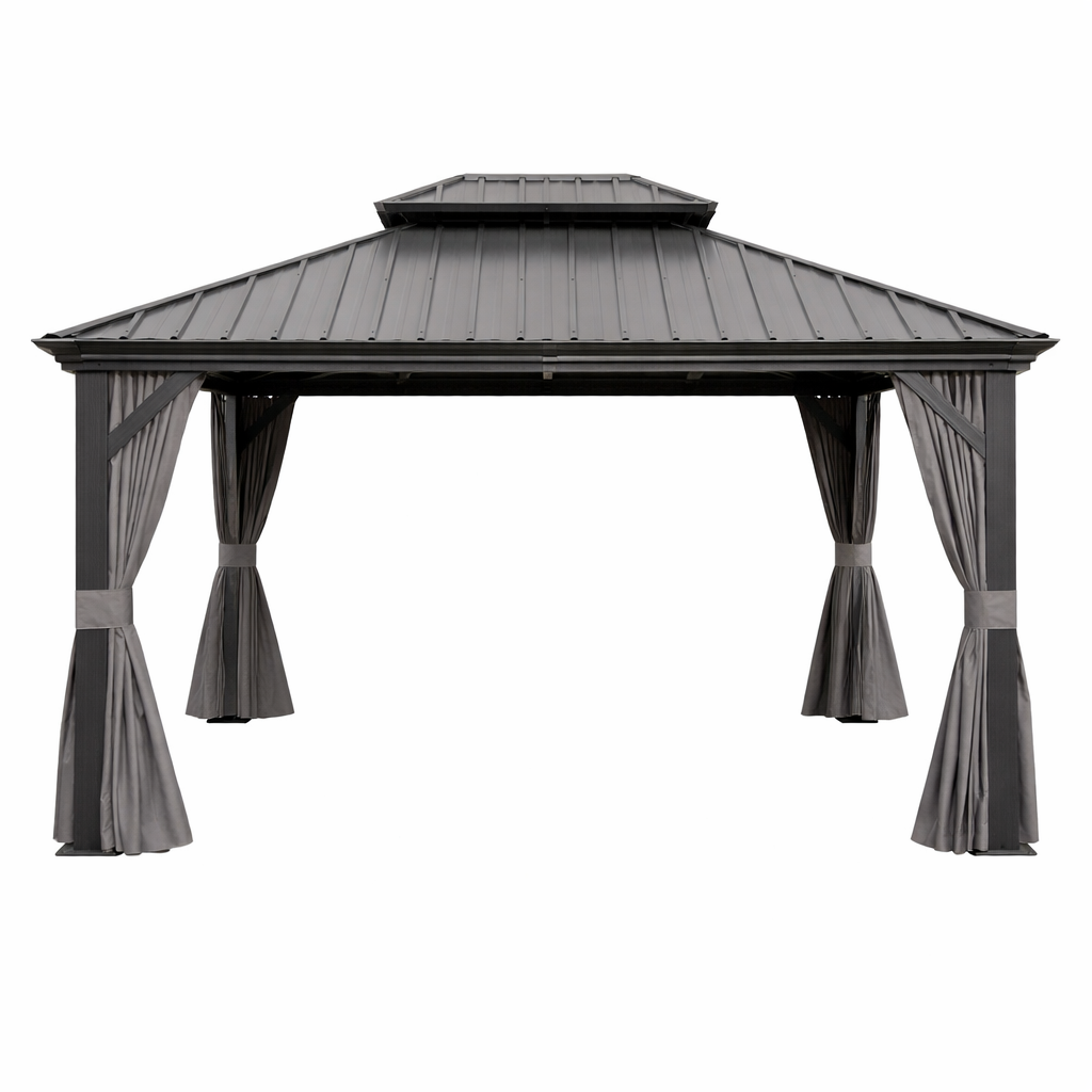 10x13 ft Aluminum Hardtop Gazebo with Double Roof, Curtains & Netting