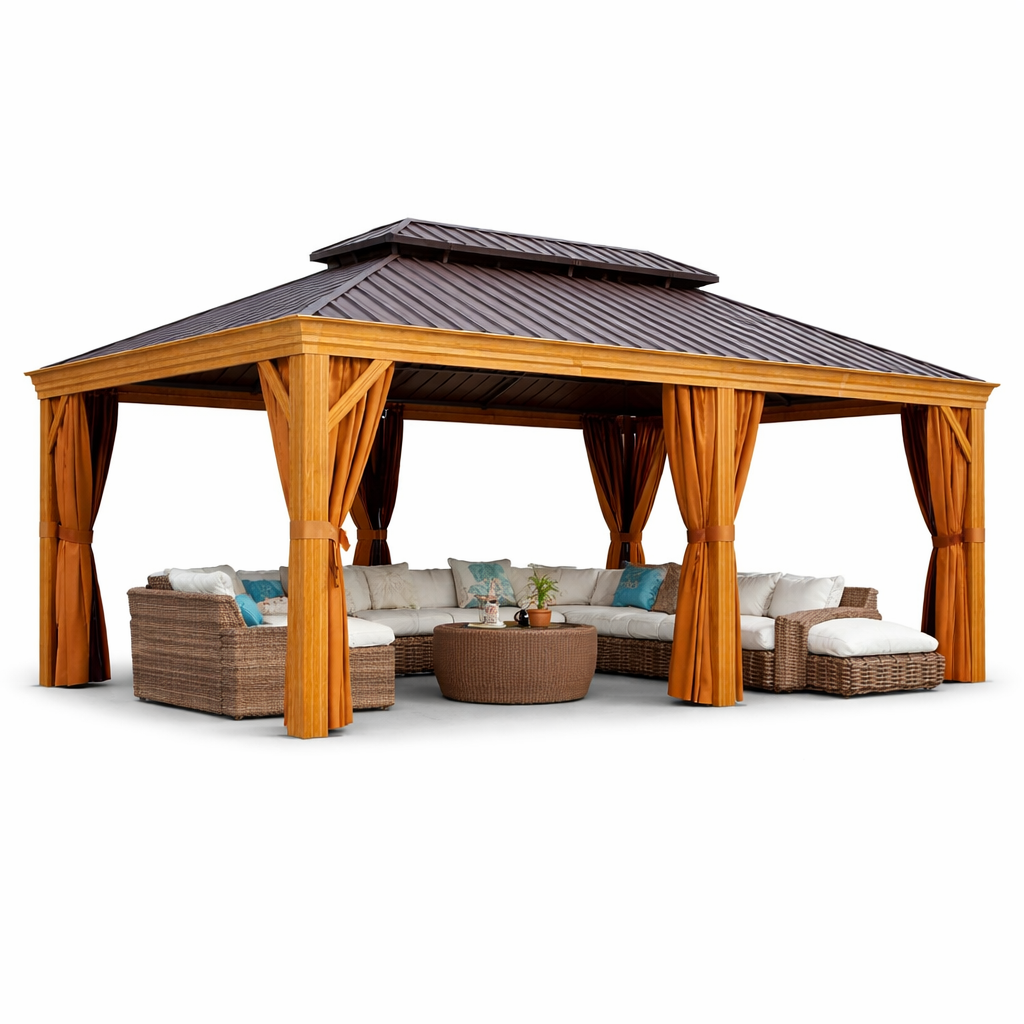 Alora 12x20 ft Aluminum Hardtop Gazebo with Wood Grain Finish, Curtains & Netting