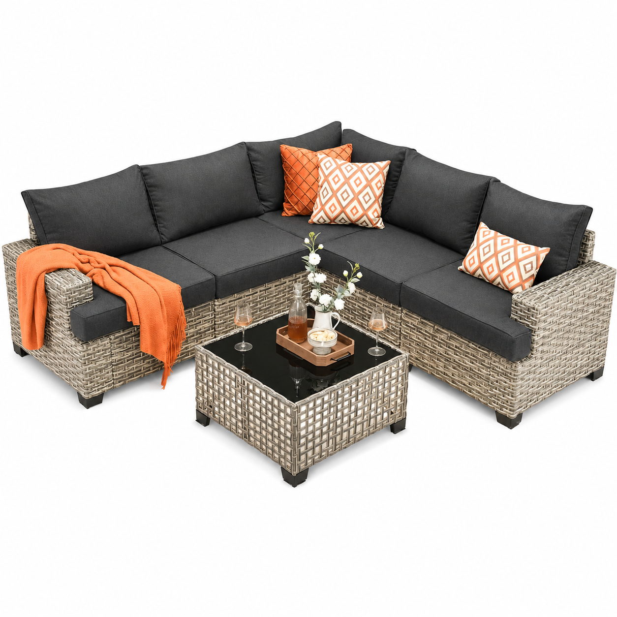 6 Piece Outdoor Rattan Wicker Sectional Sofa Set with light up Coffee Table