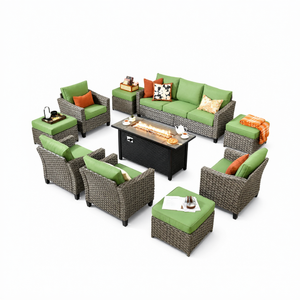 10-Piece Outdoor Patio Furniture Set with 54" Fire Pit Table, Sofa, Chairs & Ottomans
