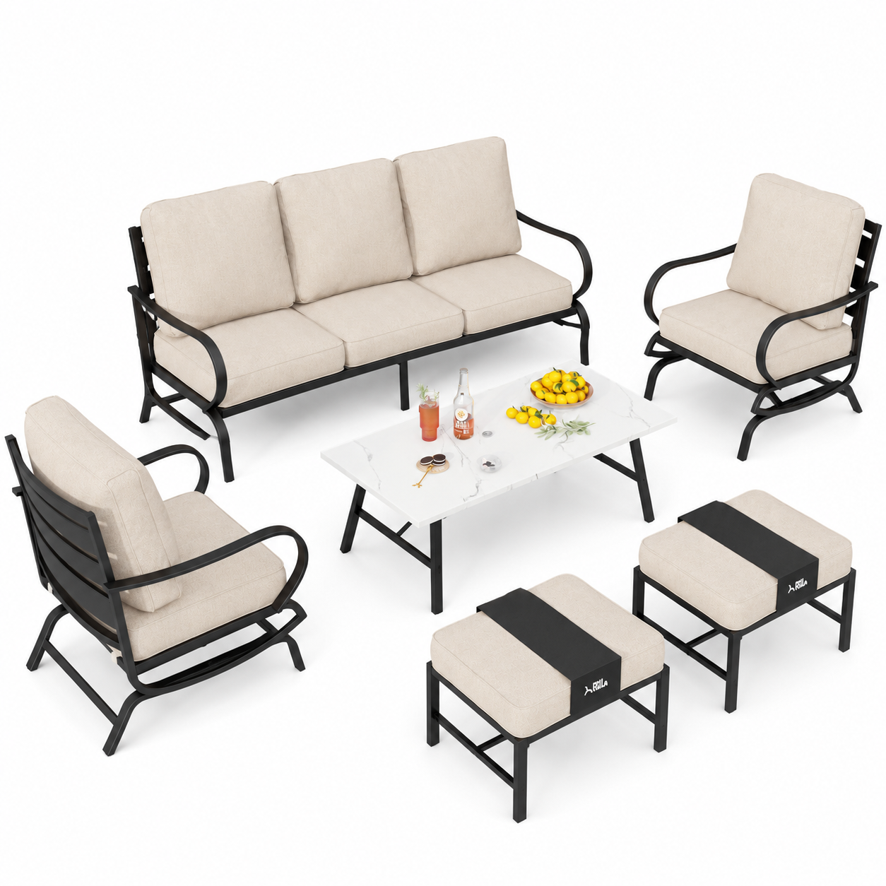 6-Piece Outdoor Patio Conversation Set with Cushioned Ottomans & Coffee Table