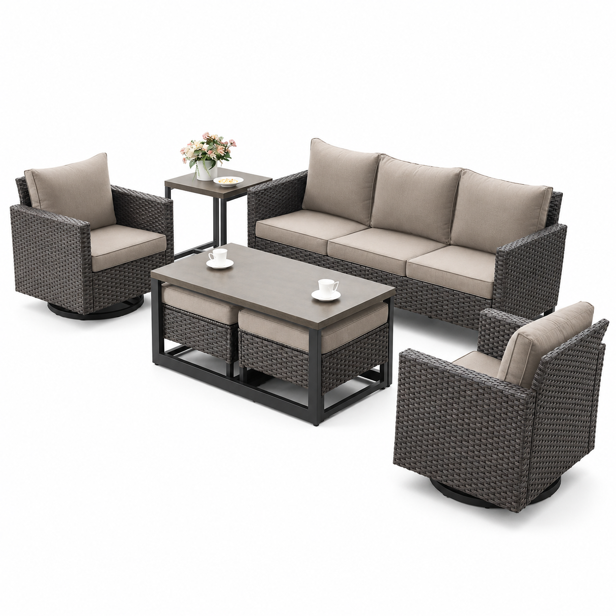 7-Piece Outdoor Wicker Patio Furniture Set with Swivel Rocking Chairs