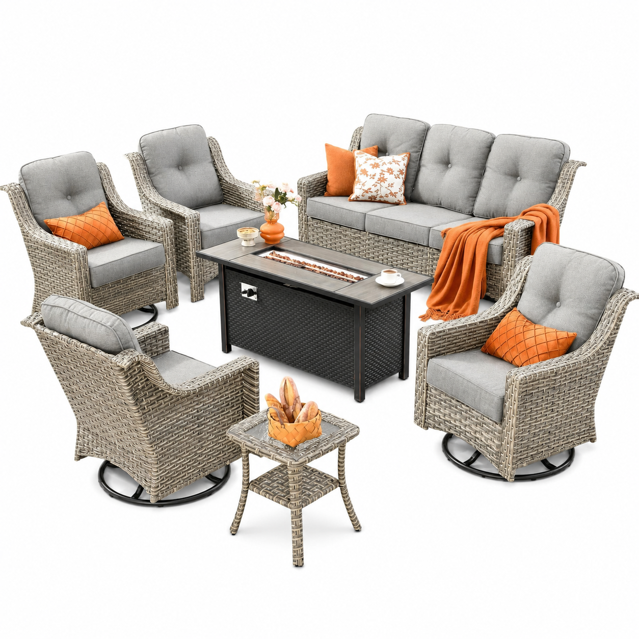 7-Piece Outdoor Wicker Patio Conversation Set with Fire Pit Table & Swivel Chairs