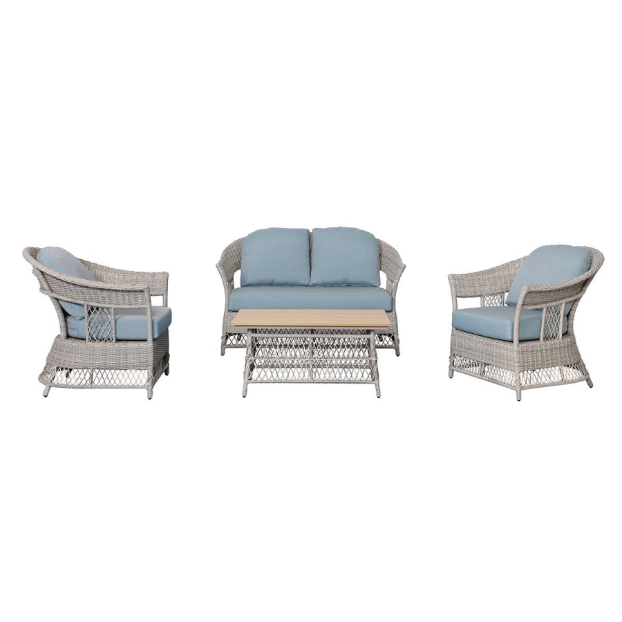 Shell 4-Piece Wicker Patio Sofa Set with Loveseat, Chairs & Wood-Look Table – Blue Cushions