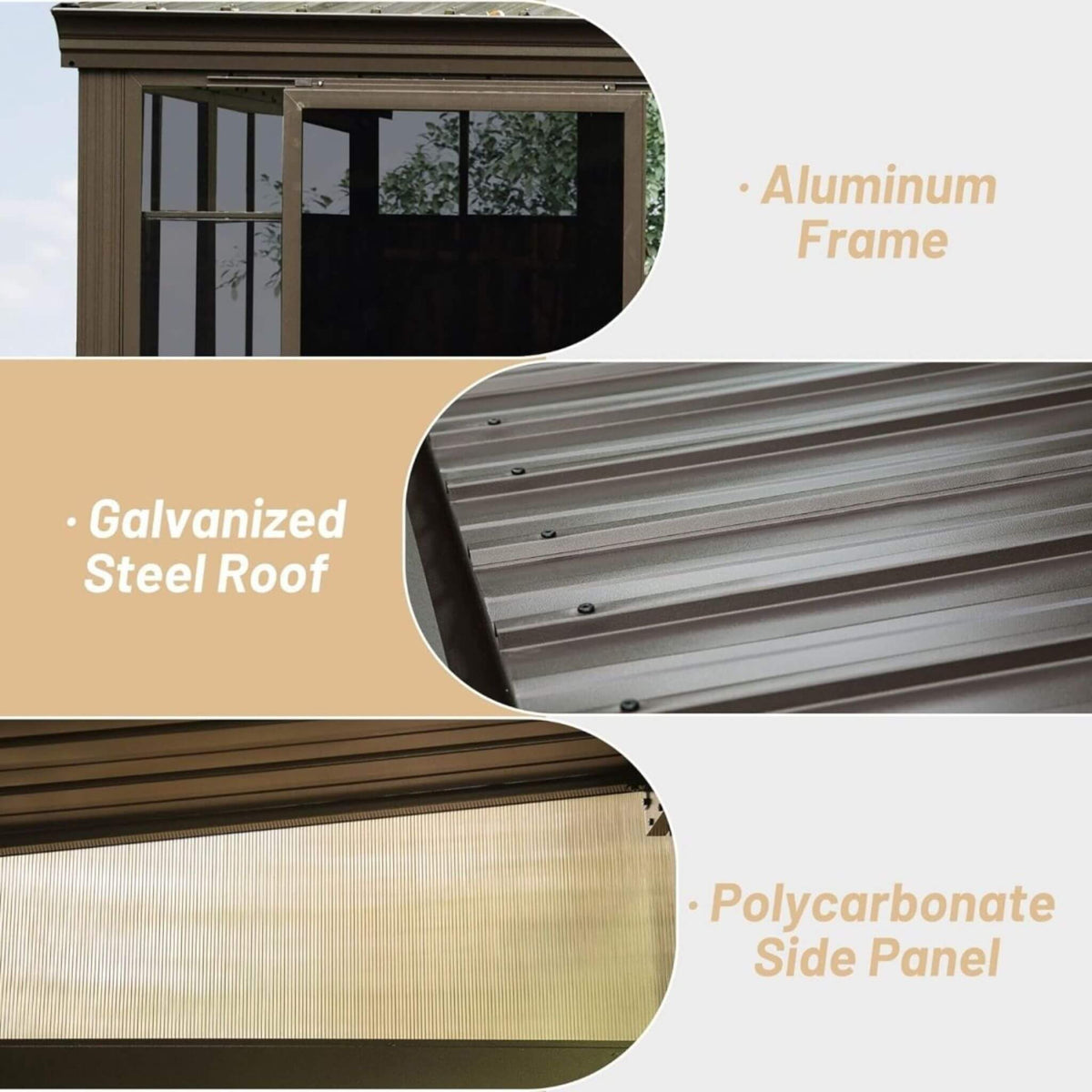 Product features including aluminum frame, galvanized steel roof