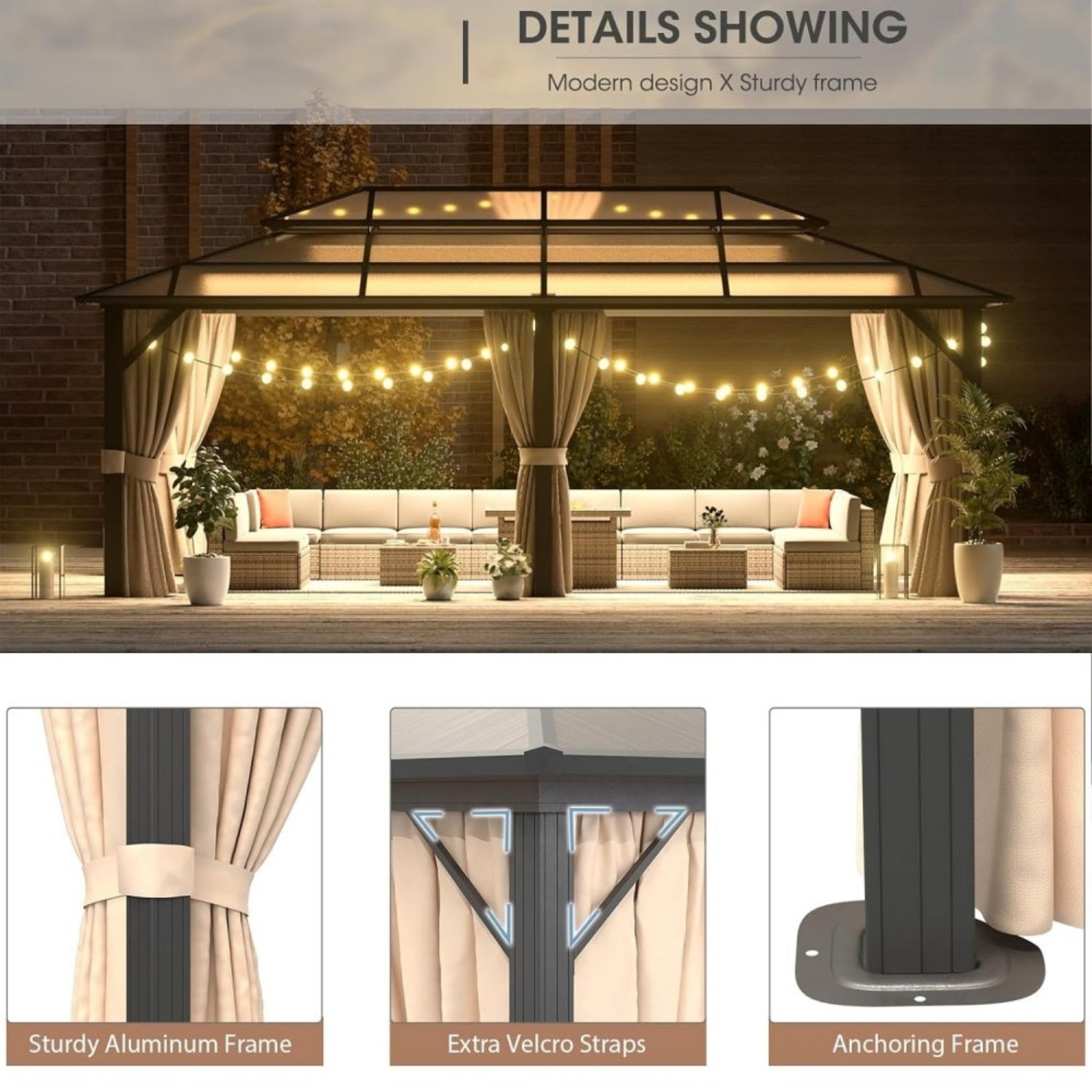 Alora Aluminum Hardtop Gazebo with Polycarbonate Roof, UV Protection, Netting & Curtains