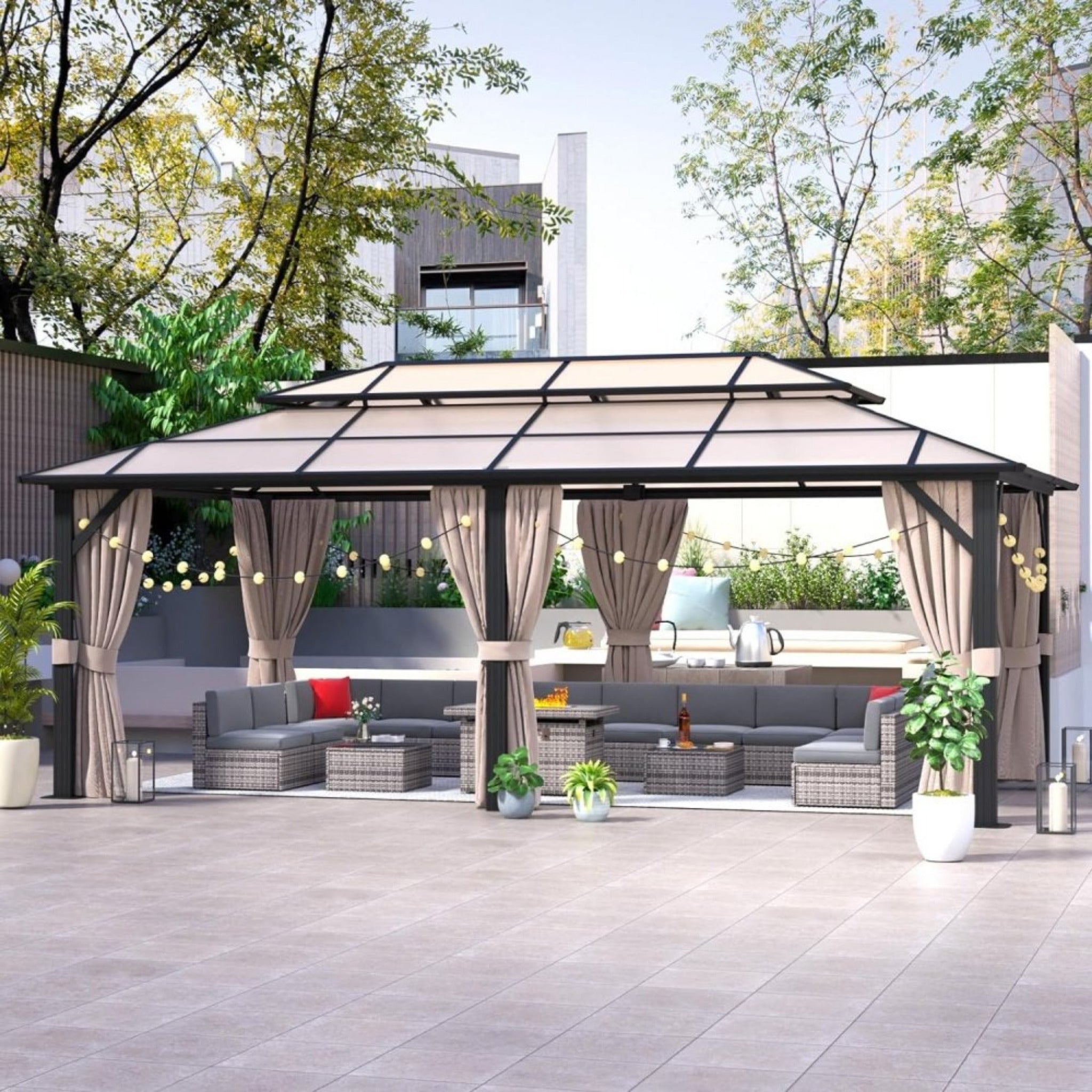 Alora Aluminum Hardtop Gazebo with Polycarbonate Roof, UV Protection, Netting & Curtains
