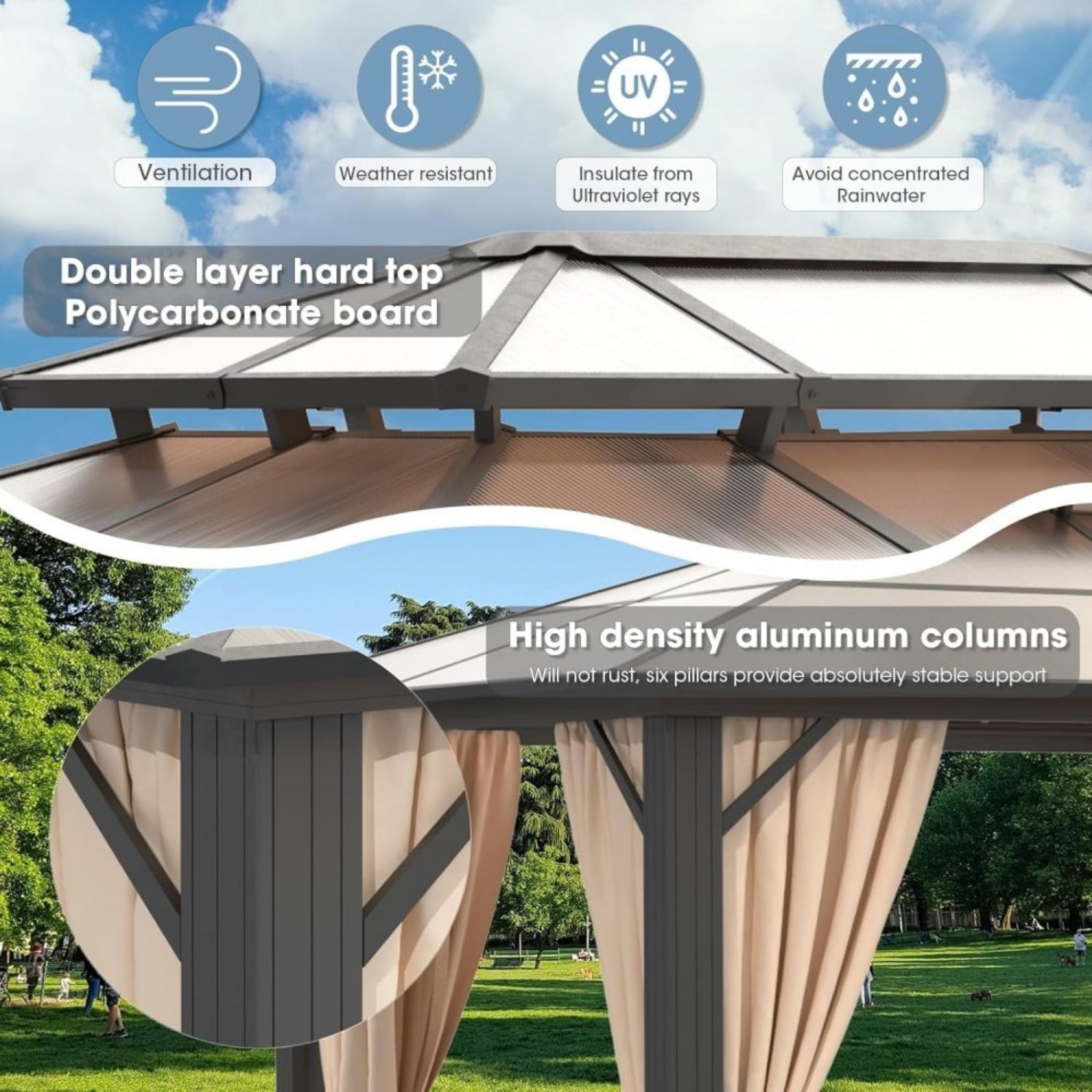 Alora Aluminum Hardtop Gazebo with Polycarbonate Roof, UV Protection, Netting & Curtains