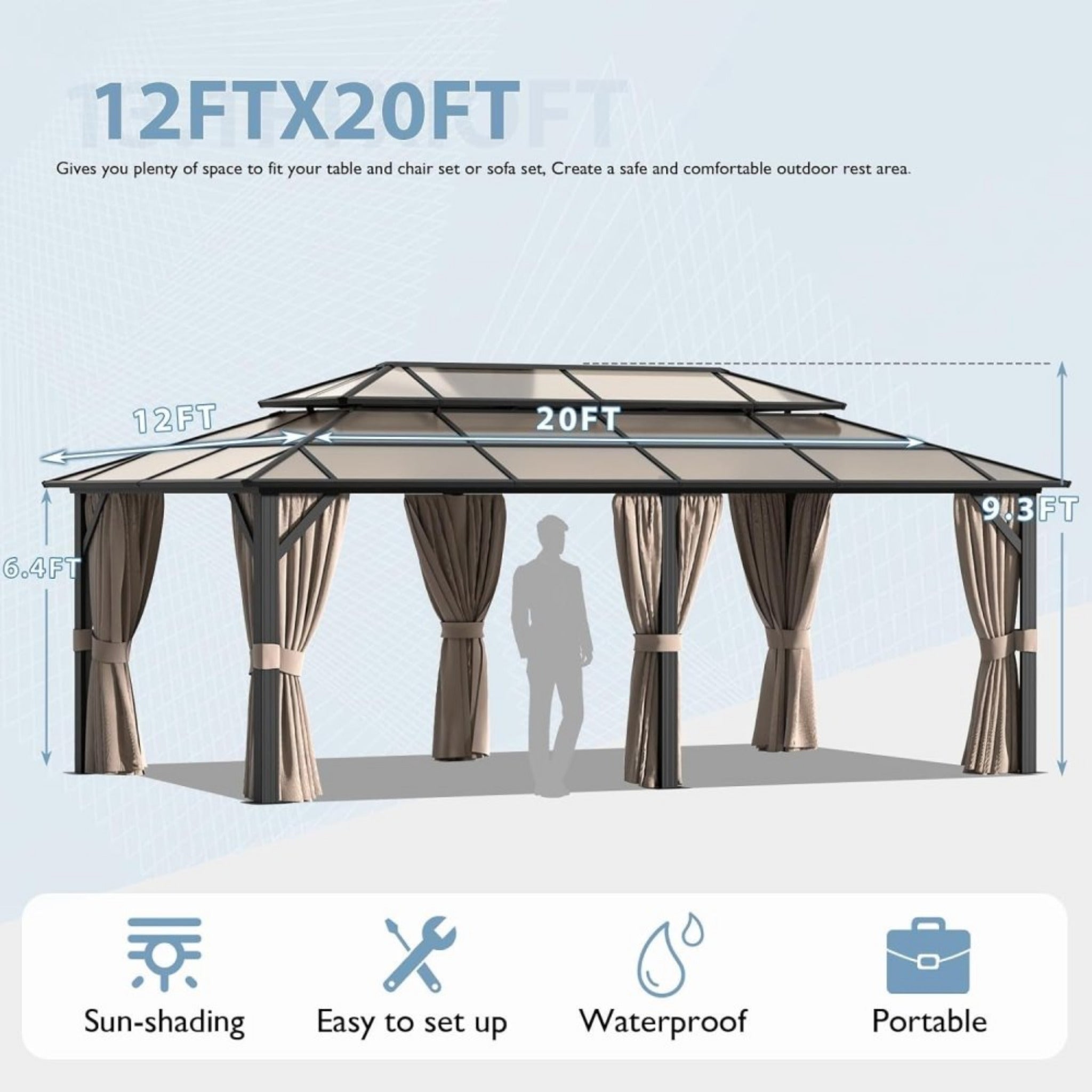 Alora Aluminum Hardtop Gazebo with Polycarbonate Roof, UV Protection, Netting & Curtains