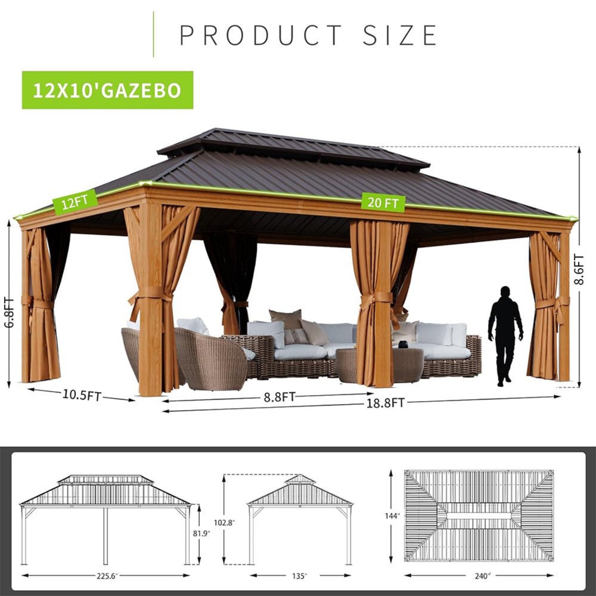 Alora 12x20 ft Aluminum Hardtop Gazebo with Wood Grain Finish, Curtains & Netting