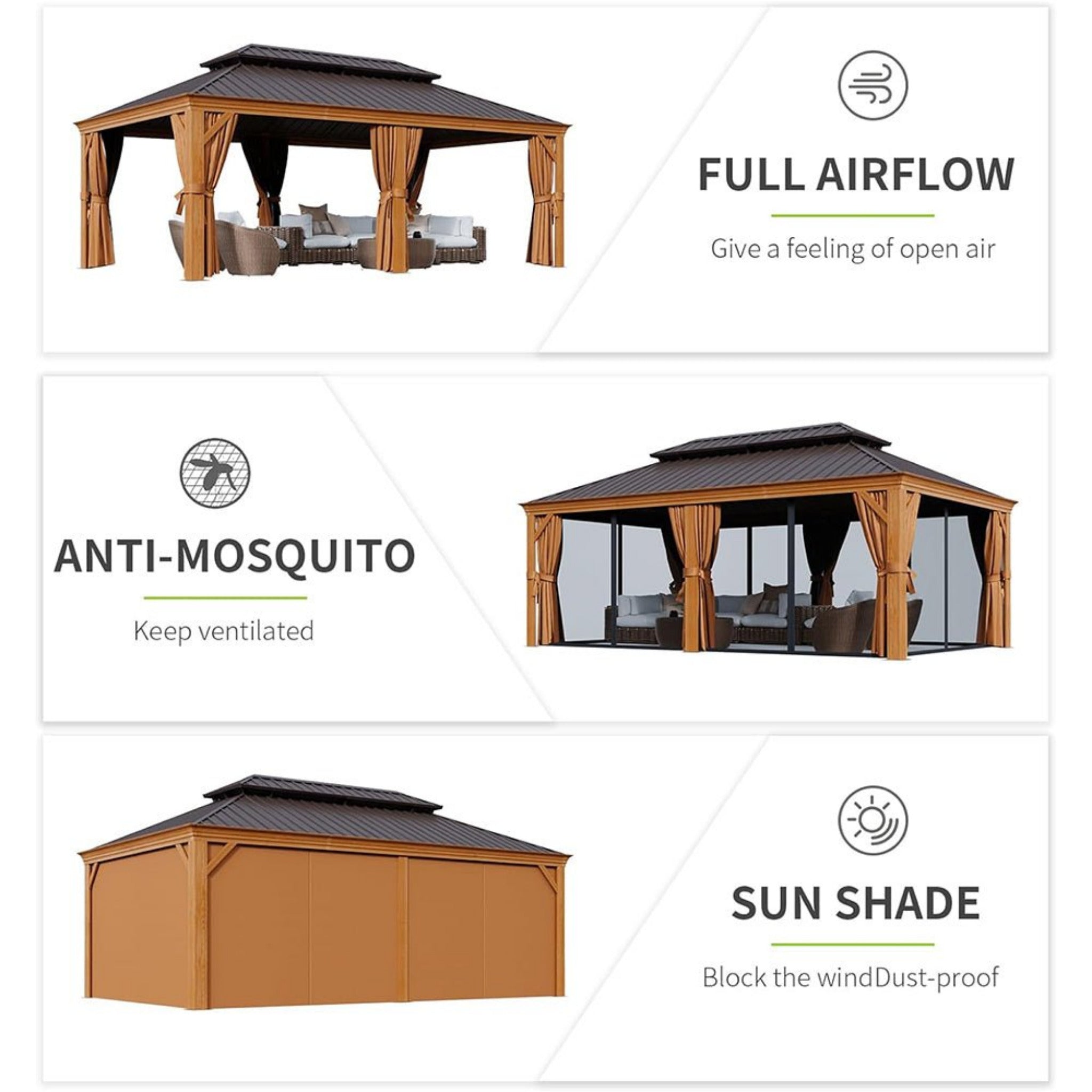 Alora 12x20 ft Aluminum Hardtop Gazebo with Wood Grain Finish, Curtains & Netting