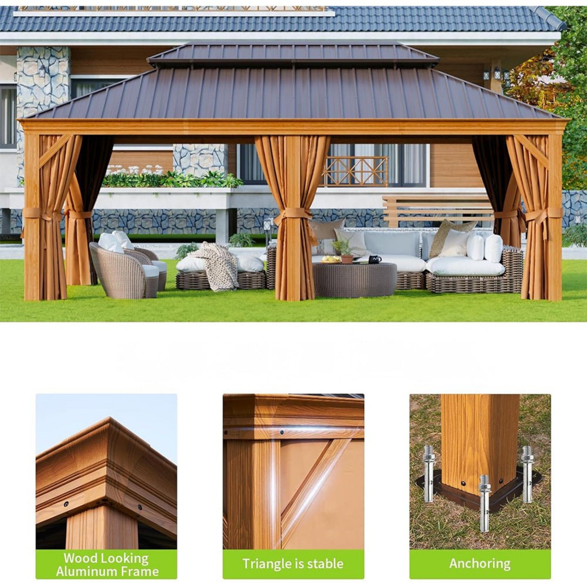 Alora 12x20 ft Aluminum Hardtop Gazebo with Wood Grain Finish, Curtains & Netting