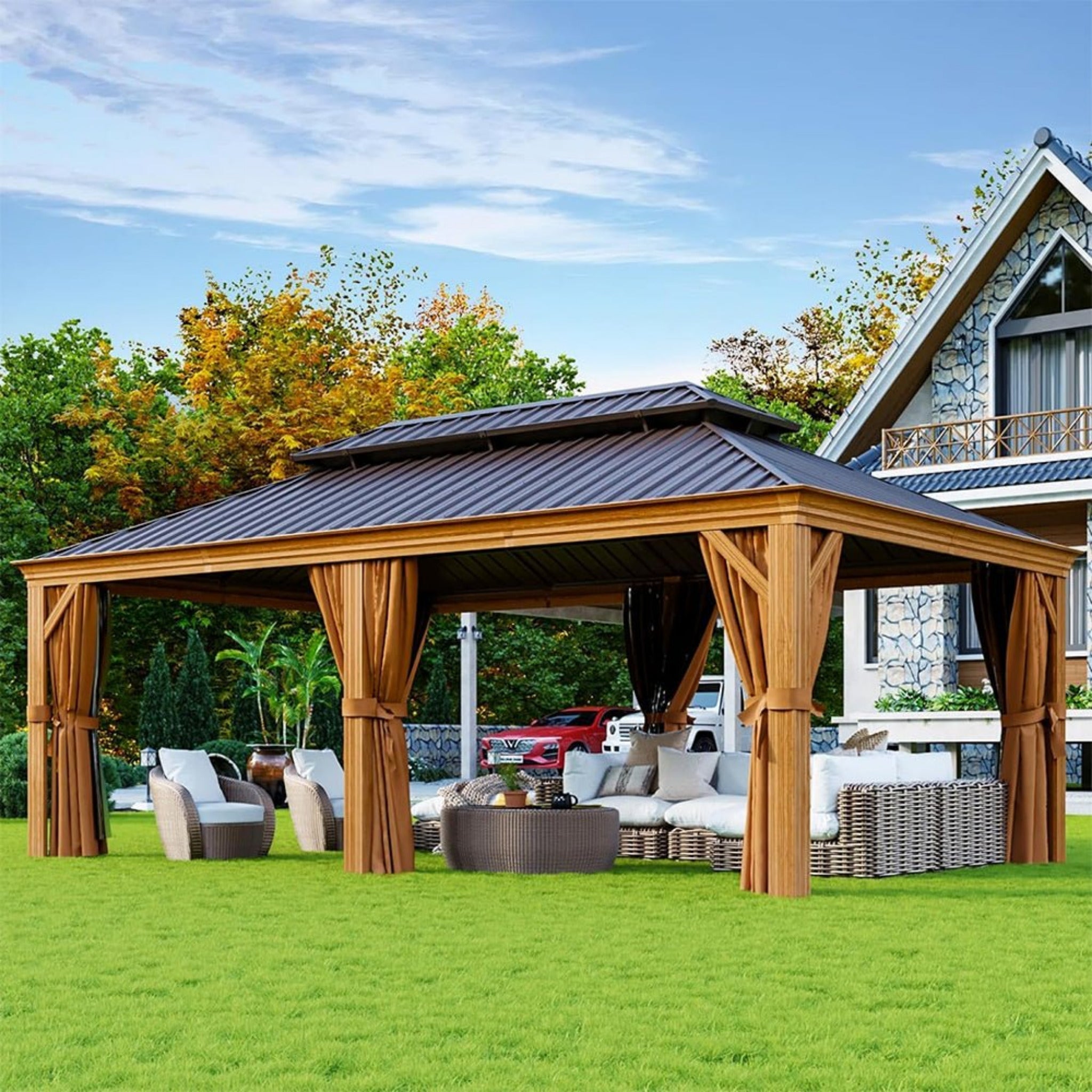 Alora 12x20 ft Aluminum Hardtop Gazebo with Wood Grain Finish, Curtains & Netting