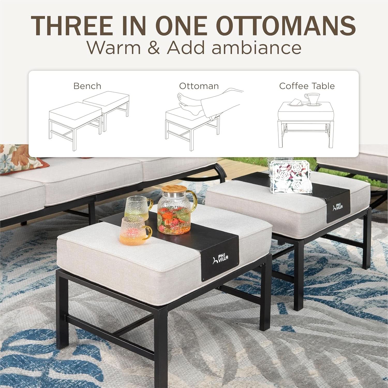 6-Piece Outdoor Patio Conversation Set with Cushioned Ottomans & Coffee Table