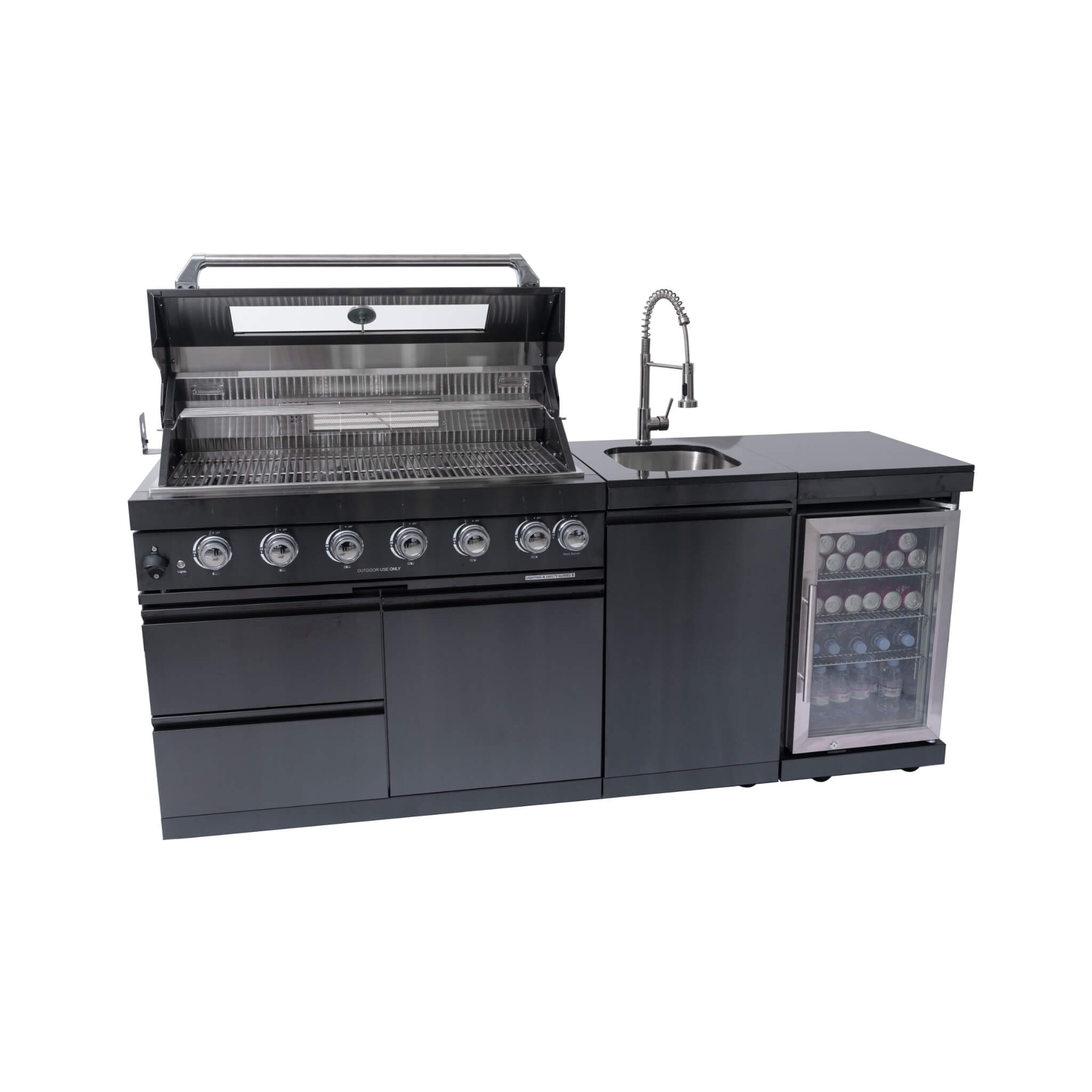 Castelle Flame 43 inch 6-Burner Outdoor Kitchen Island Grill with Wine Fridge, Sink & Wheels