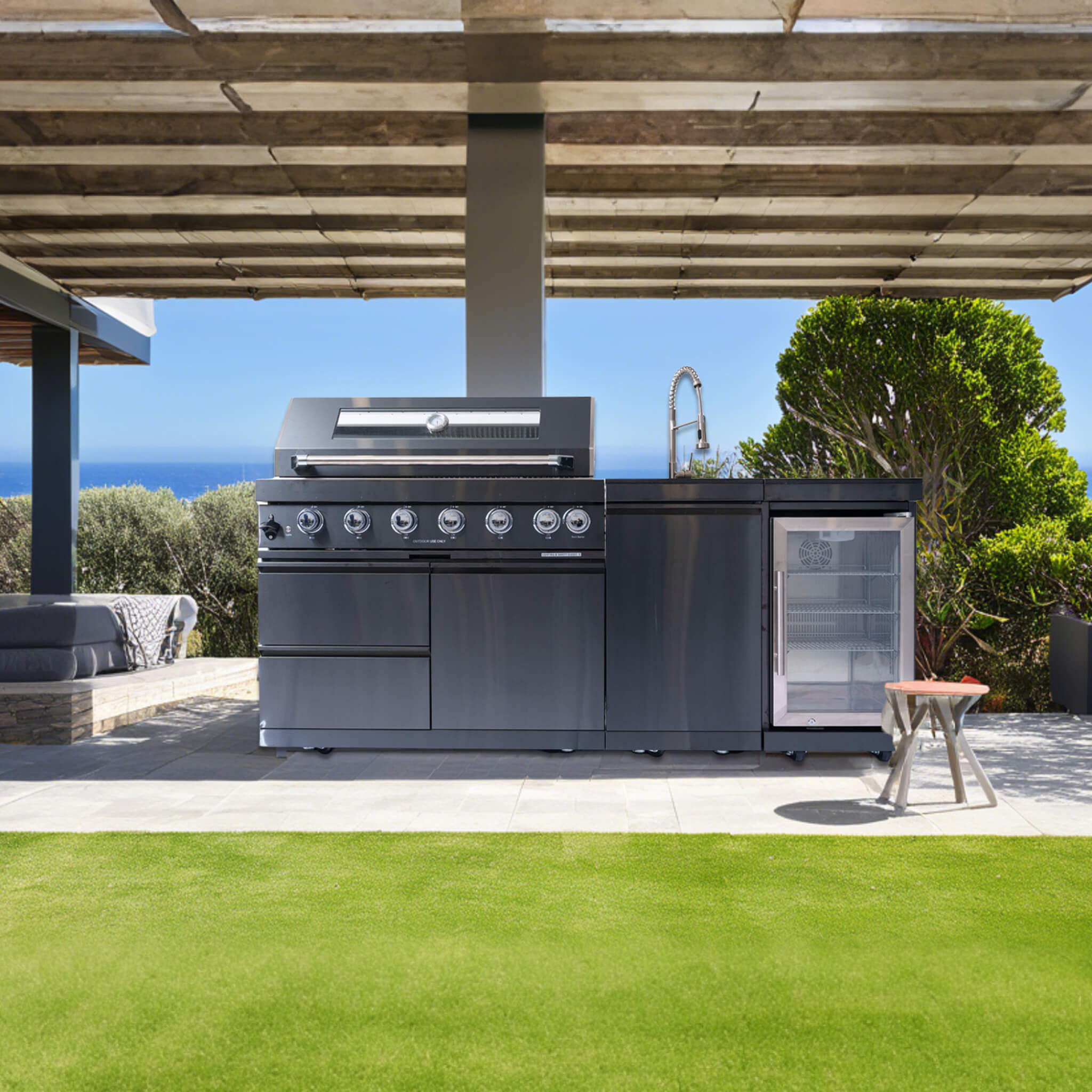 Castelle Flame 43 inch 6-Burner Outdoor Kitchen Island Grill with Wine Fridge, Sink & Wheels