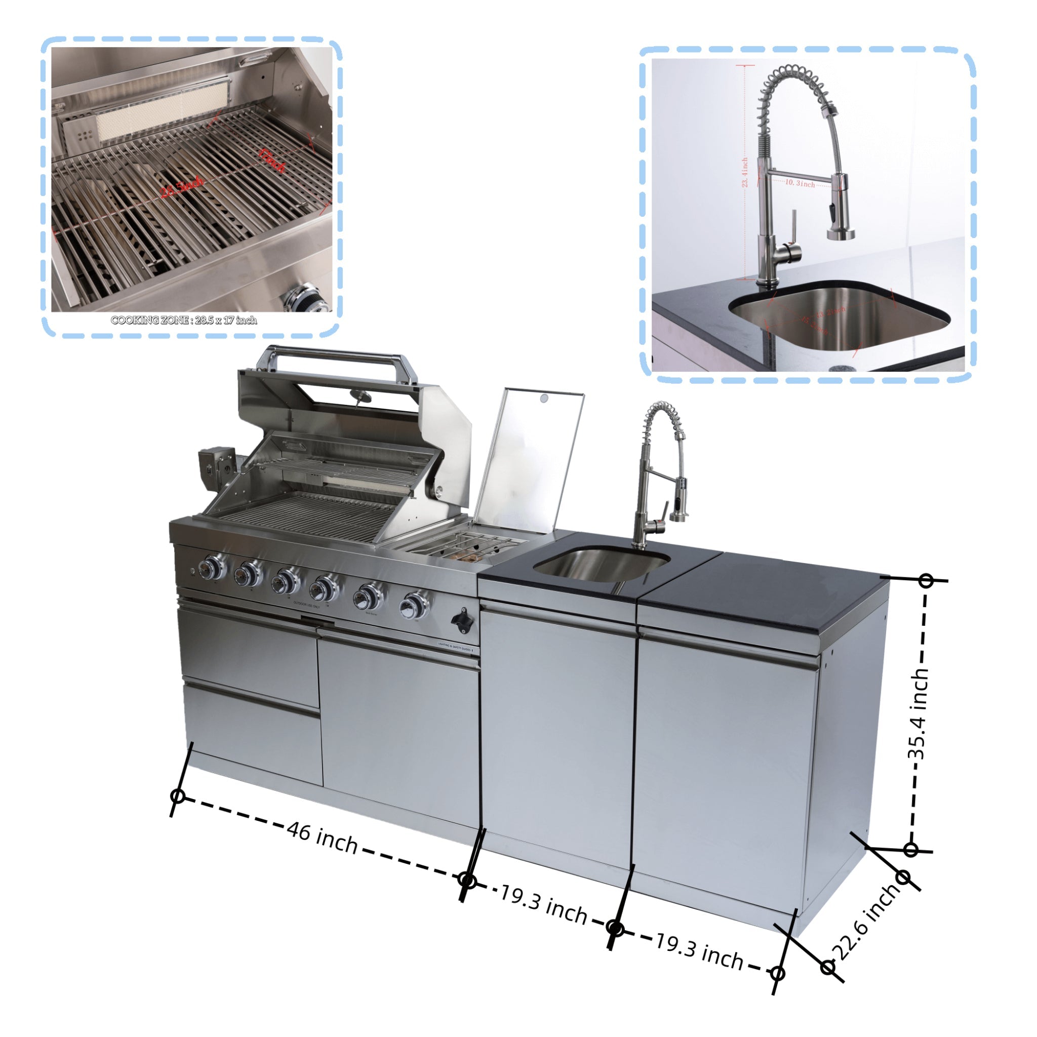 Castelle Flame 46 inch 4-Burner Outdoor Kitchen Island Grill – 85,000 BTU Stainless Steel with Granite Countertops