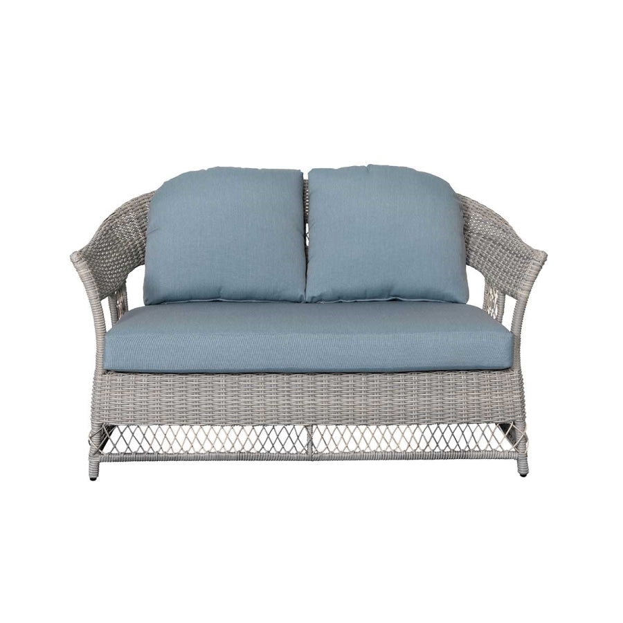Shell 4-Piece Wicker Patio Sofa Set with Loveseat, Chairs & Wood-Look Table – Blue Cushions