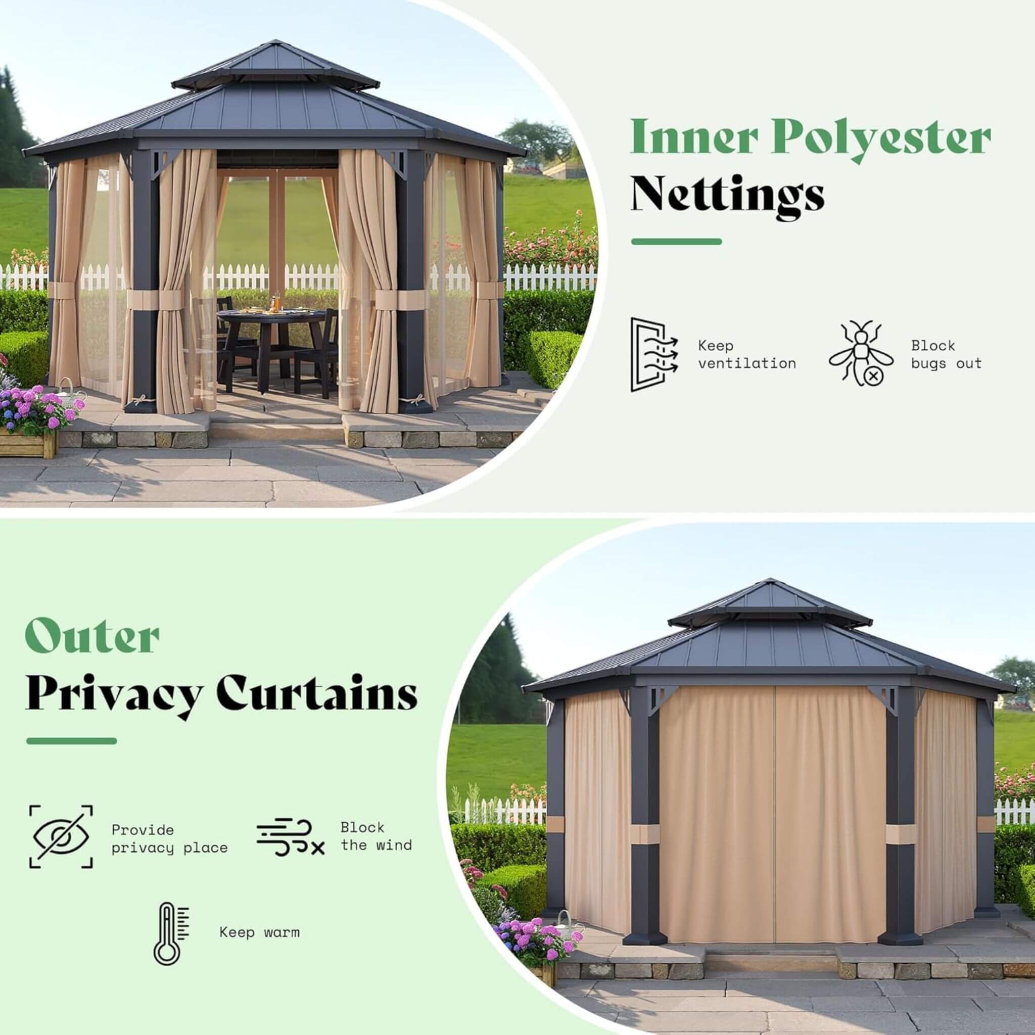 Alora 13x15 ft Hexagonal Hardtop Gazebo with Curtains & Netting – Outdoor Pavilion